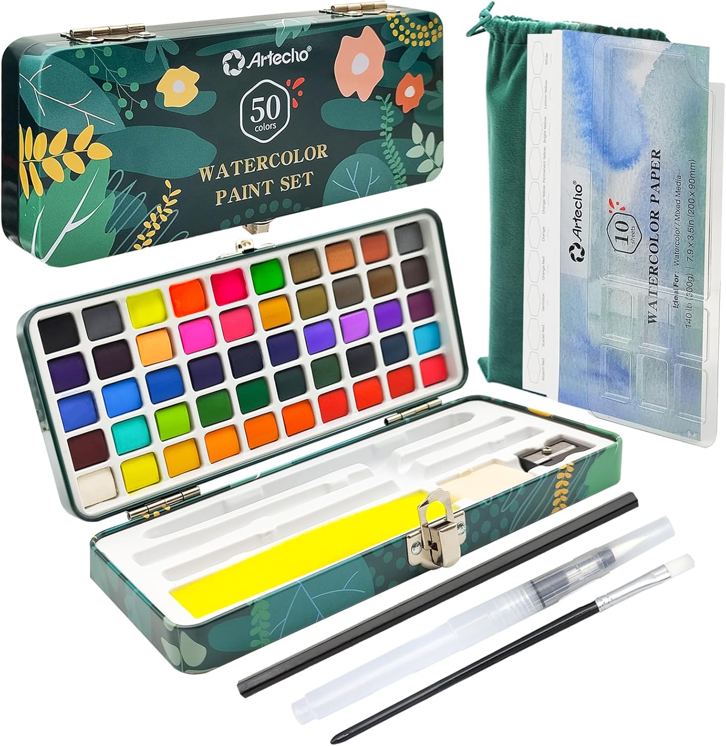 Artecho Watercolour Paint Set 50 Colors in Portable Box Including 4 Fluorescent Colors, Travel Watercolour Set with Watercolour Papers, Brushes and other Tools, Idea for Artists and Hobbyists