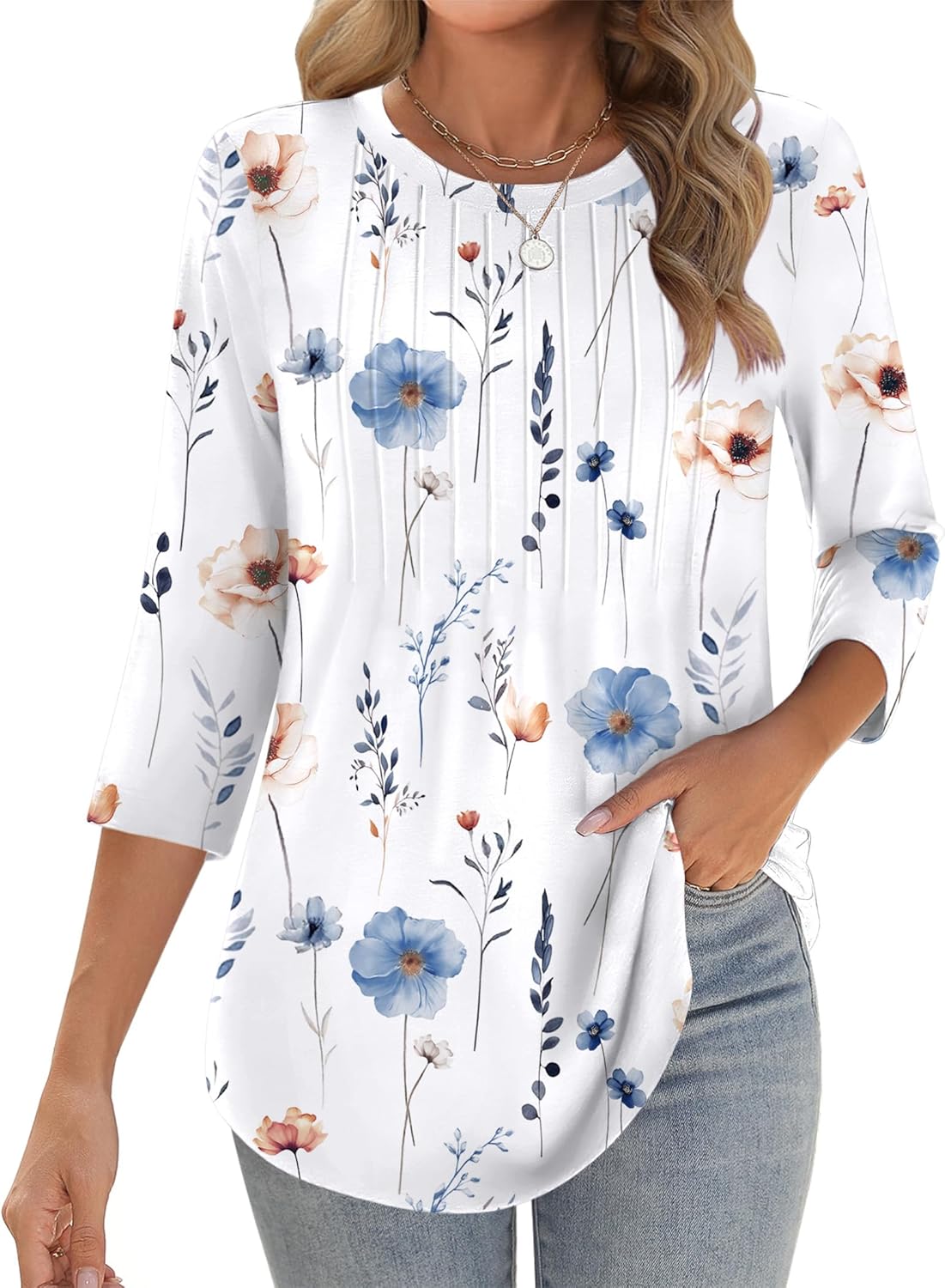 Zeagoo 3/4 Length Sleeve Womens Tops Crew Neck Loose Fit Shirts Pleated Cute Clothes Dressy Casual 2025 Summer Tunics