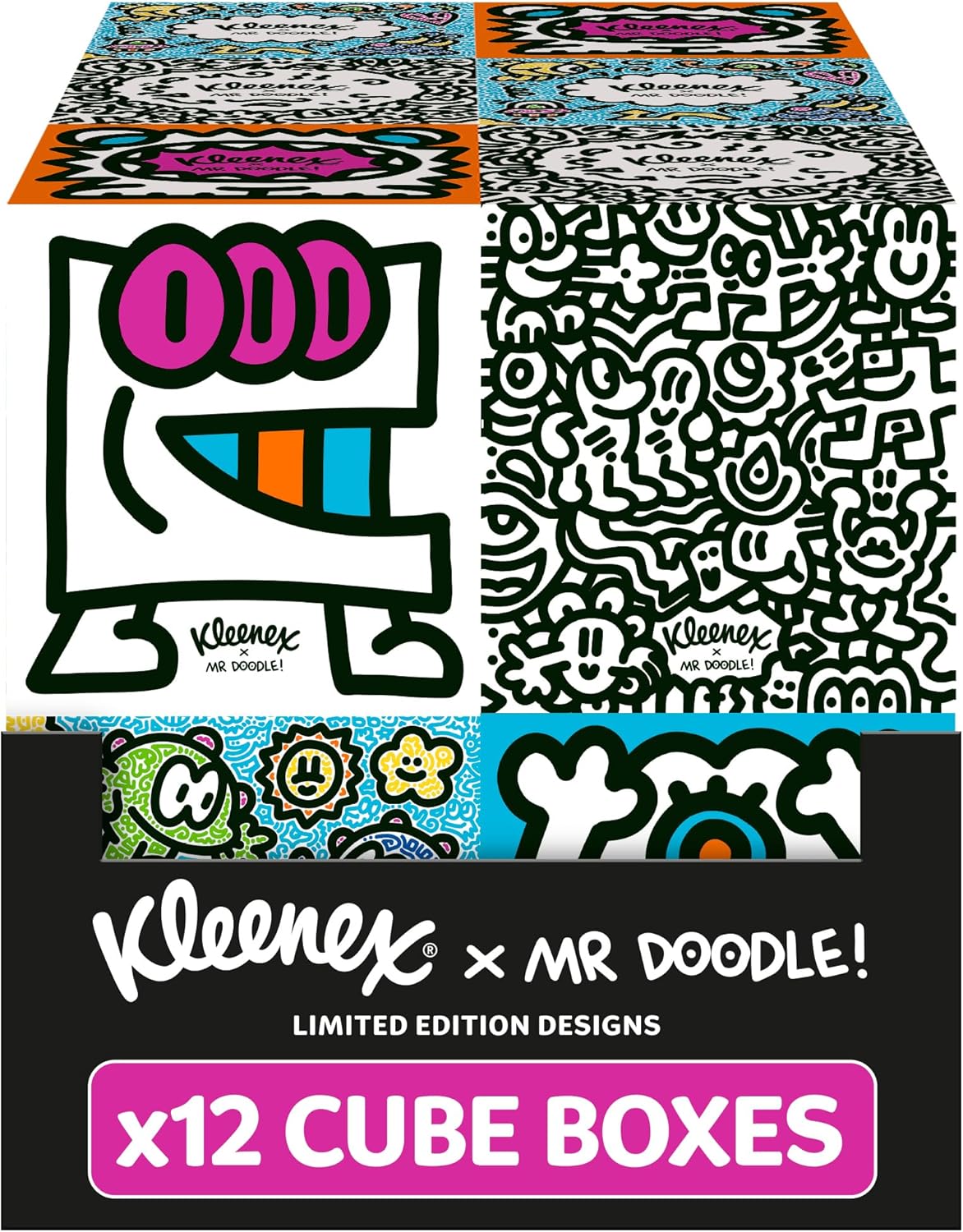 Kleenex x Mr Doodle Limited Edition Design Multipack Facial Tissues - 12 Cube Tissue Boxes, Designed in Collaboration with Mr Doodle, Made to Look Beautiful in The Home.