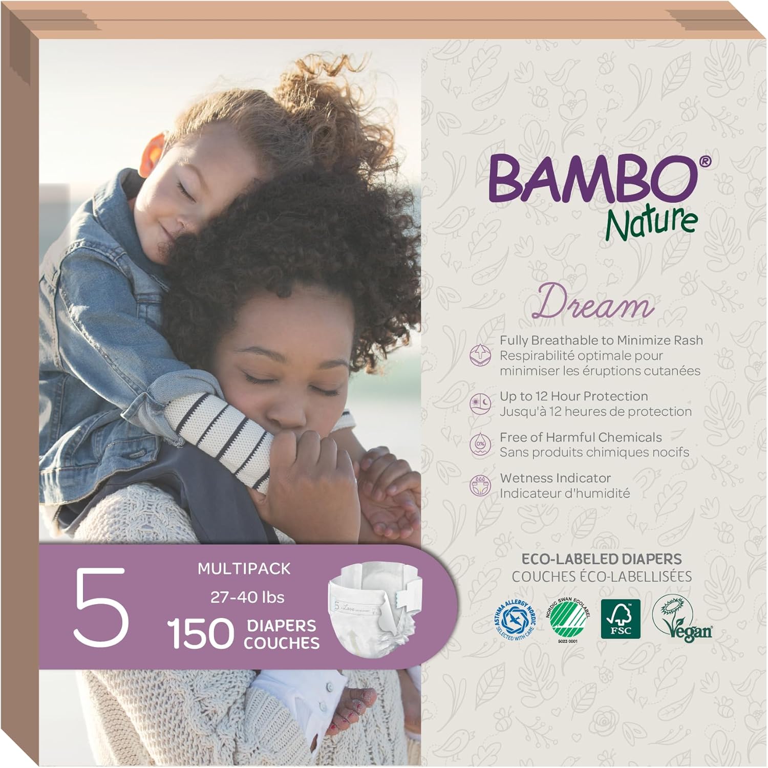 Bambo Nature Premium Eco-Friendly Baby Diapers, Size 5 (27-40 Lbs), 150 Count (6 Packs of 25)