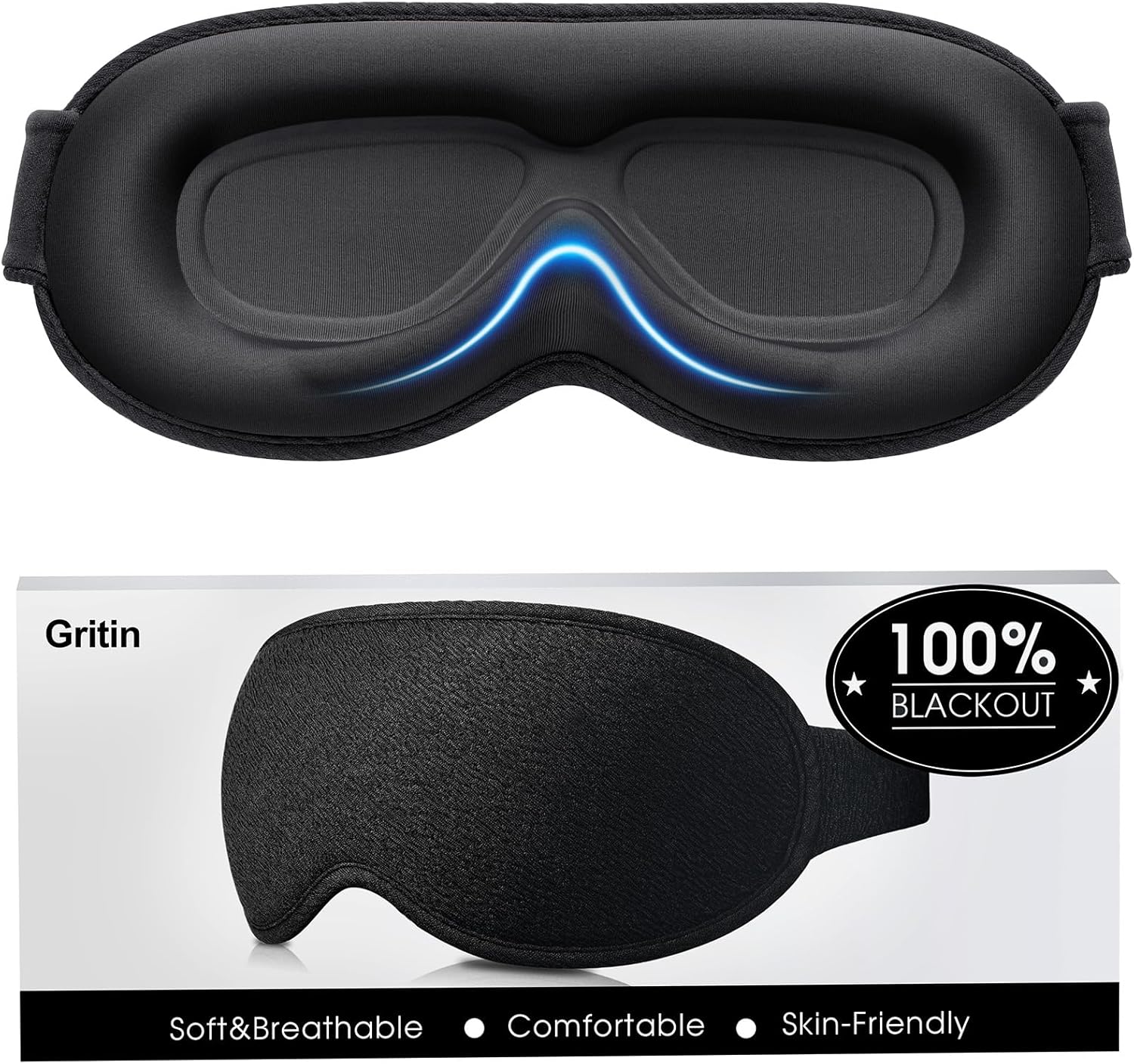 Gritin 100% Blackout Sleep Eye Mask for Women Men, Zero Pressure Sleeping Mask - Ergonomic Design 3D Cutout Eye Movement and Eyelash Friendly Night Blindfold, Ultra Soft Comfortable for Sleeping
