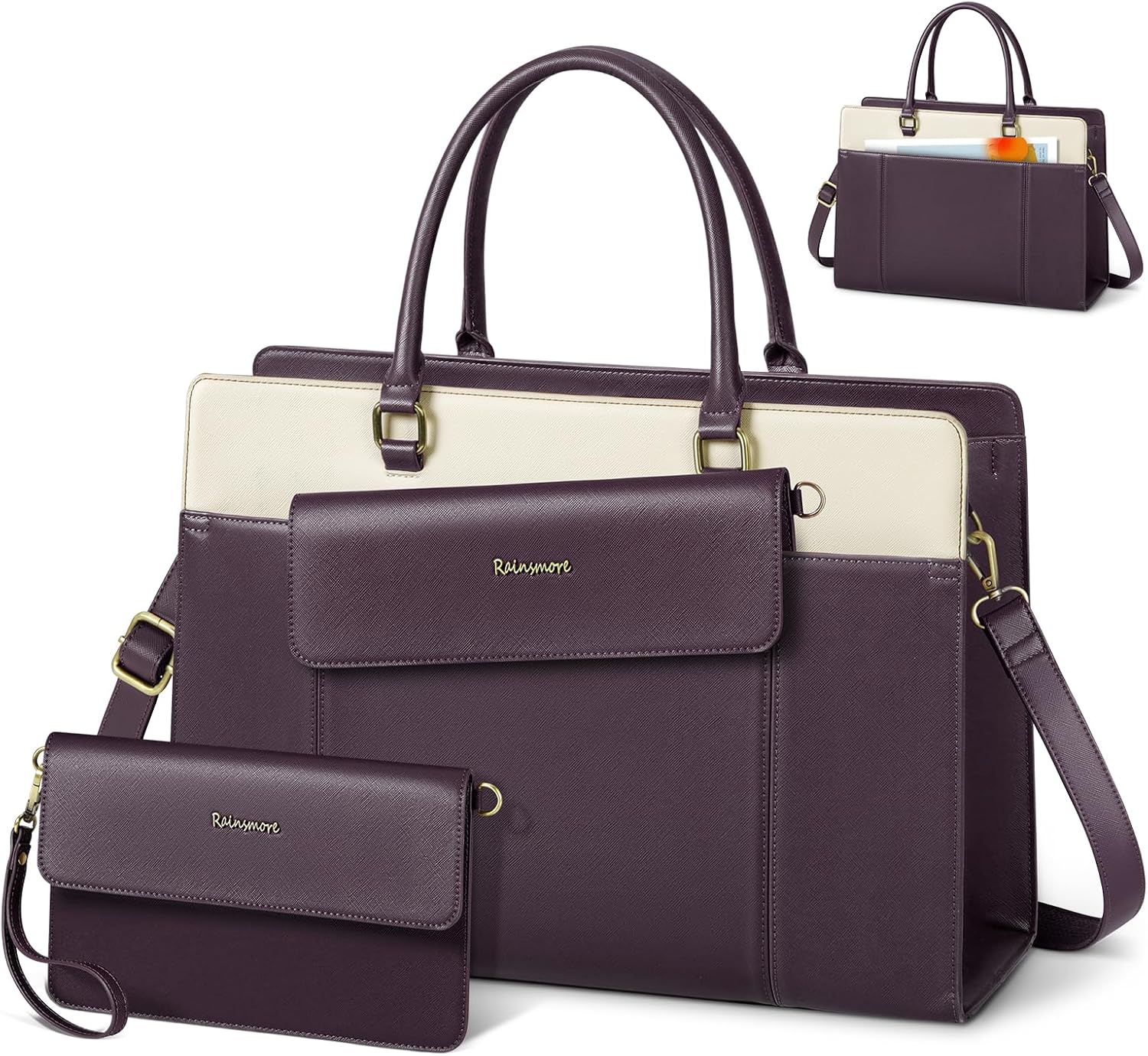 RAINSMORE Laptop Bag for Women 15.6 inch Leather Laptop Tote Bag Large Computer Bags Waterproof Business Office Work Bags Briefcase with Satchel Purse 2pcs Set, Purple