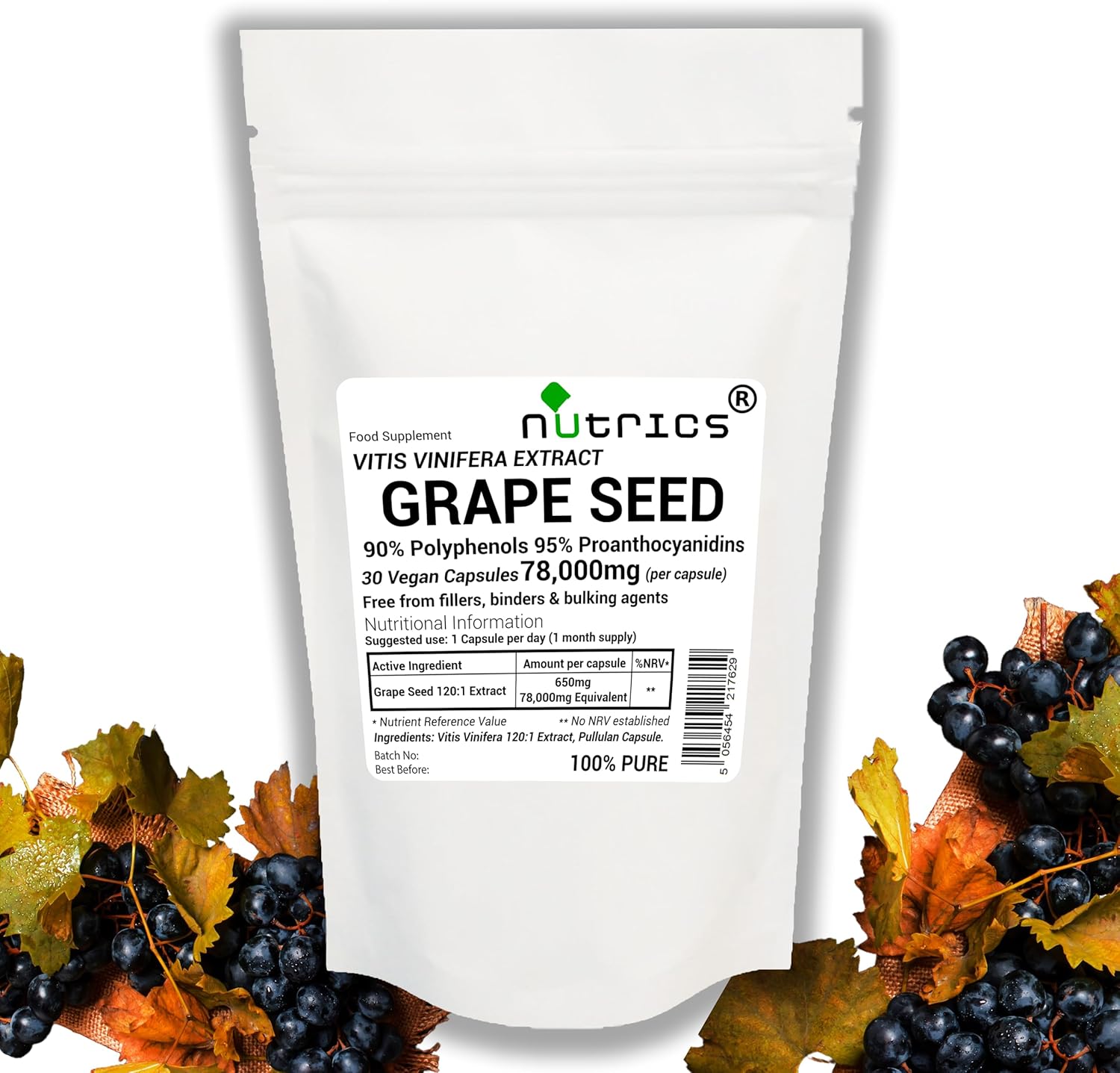 78,000mg (per Capsule) Grape Seed Extract 120:1 95% Proanthocyanidins 90% Polyphenols Pure 30 V Capsules (1 Month Supply) - Pure Grapeseed