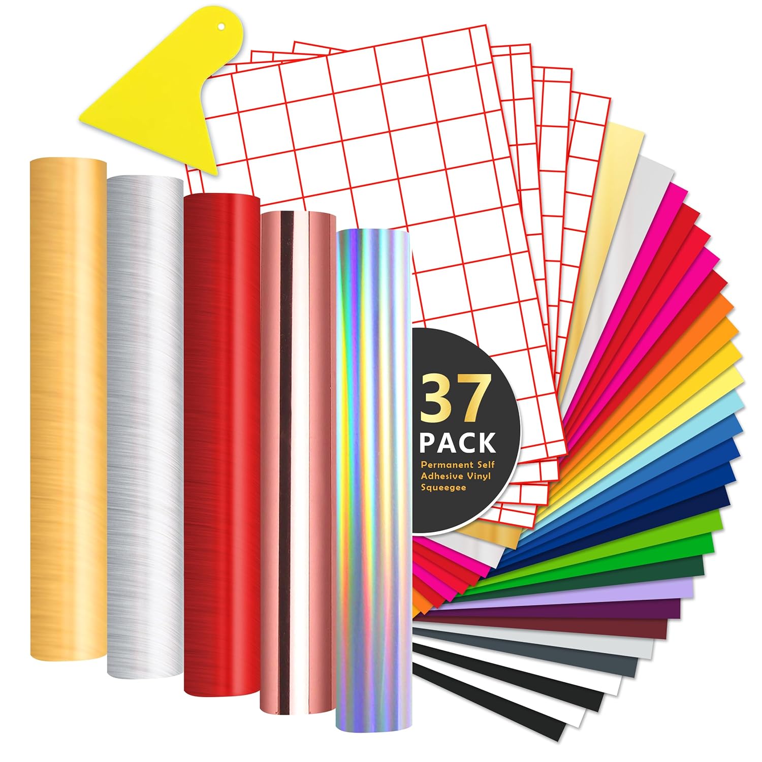37 Pack Permanent Self Adhesive Vinyl Sheets 7.8 x 12 Inchs - Transfer Tape , Plotter Tools Squeegees、Brushed Metal Colour for Vinyl Cutter Machine, Party Decoration, Arts and Crafts, Car Exterior