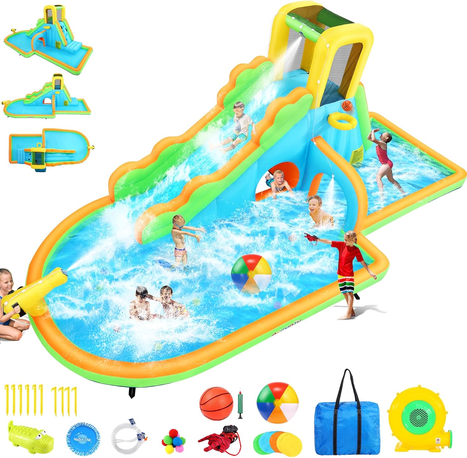 AKEYDIY Inflatable Water Slide, Bounce House Water Park for Kids 3-12, 196"x113"x80.7" Blow Up Tunnel Slide with Pool, Sprinkler, Climbing Wall, Water Cannon, Basketball Hoop
