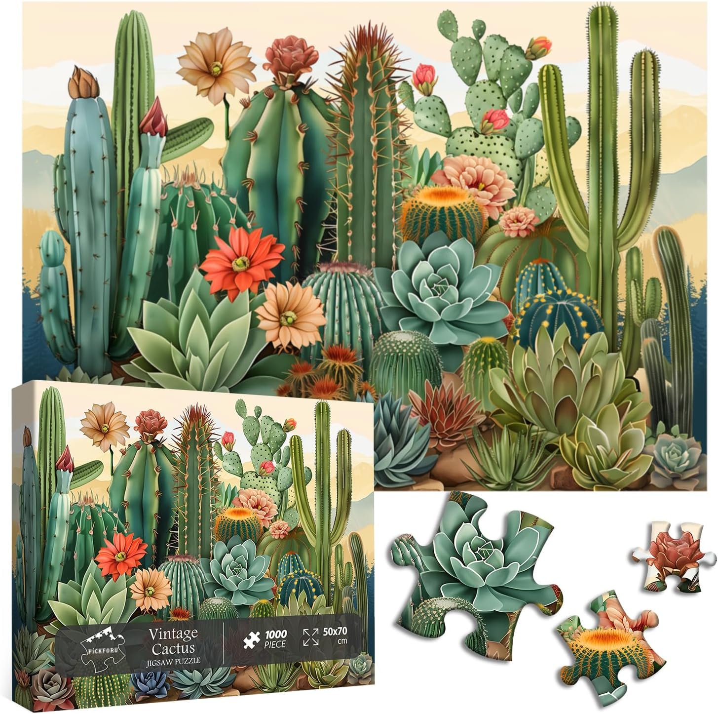 Vintage Cactus Plant Puzzles for Adults 1000 Pieces and up, PICKFORU Retro Succulents Puzzles as Home Decor, Flower Puzzle for Plant Lovers