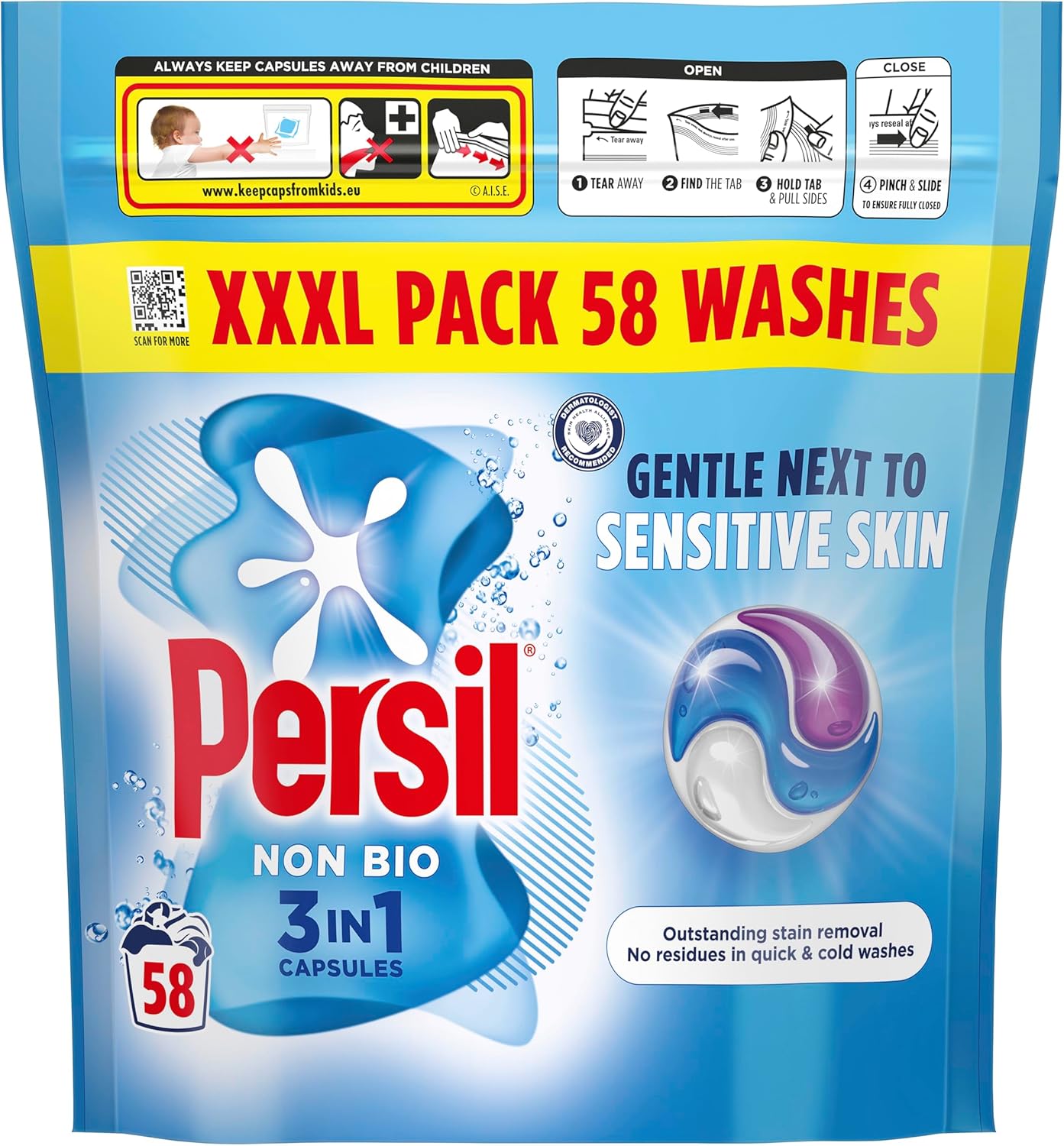 Persil Non Bio 3 in 1 Washing Capsules laundry capsules gentle next to sensitive skin for outstanding stain removal in quick & cold washes 58 washes