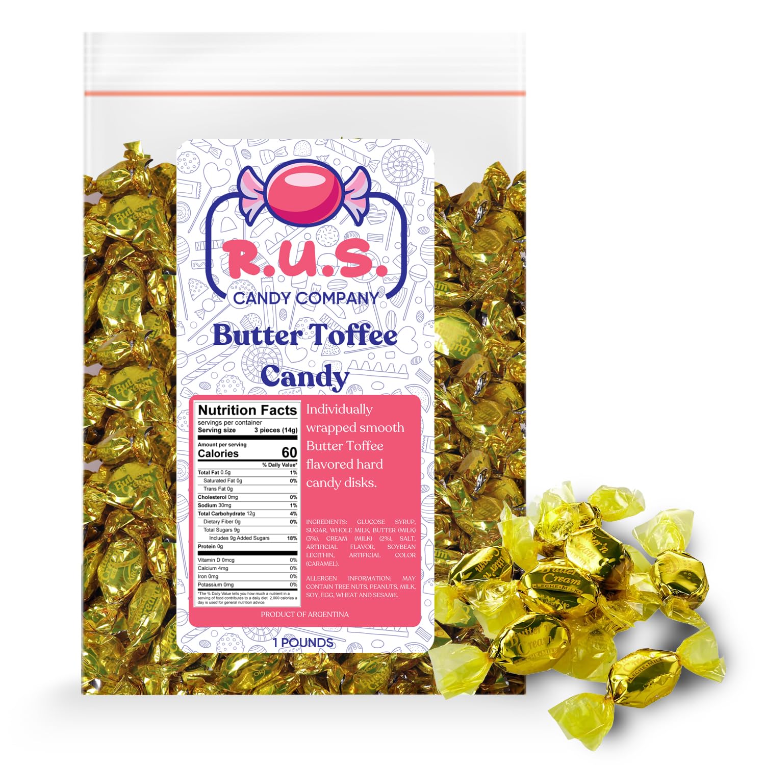 R.U.S. Candy Company Butter Toffee Candy - 1 Pound Bag - Rich and Creamy Toffee Perfect for Gifting and Treating Yourself (1 Pound, Butter Toffee)