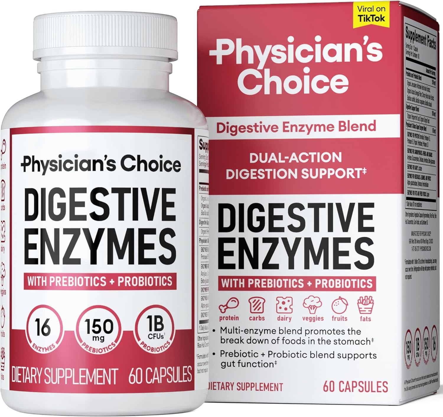 Physician's CHOICE Digestive Enzymes - Multi Enzymes, Organic Prebiotics & Probiotics for Digestive Health & Gut Health - Meal Time Discomfort Relief & Bloating - Dual Action Approach - 60 CT
