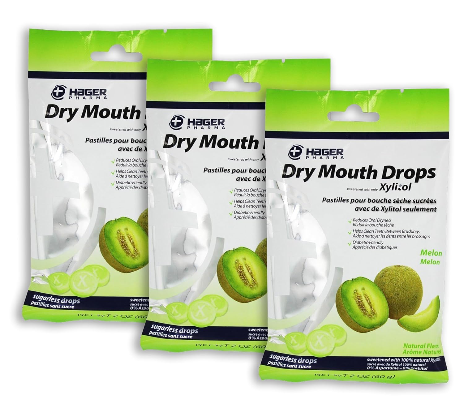 Hager Pharma Dry Mouth Drops with Xylitol Melon 26 EA - Buy Packs and SAVE (Pack of 3)