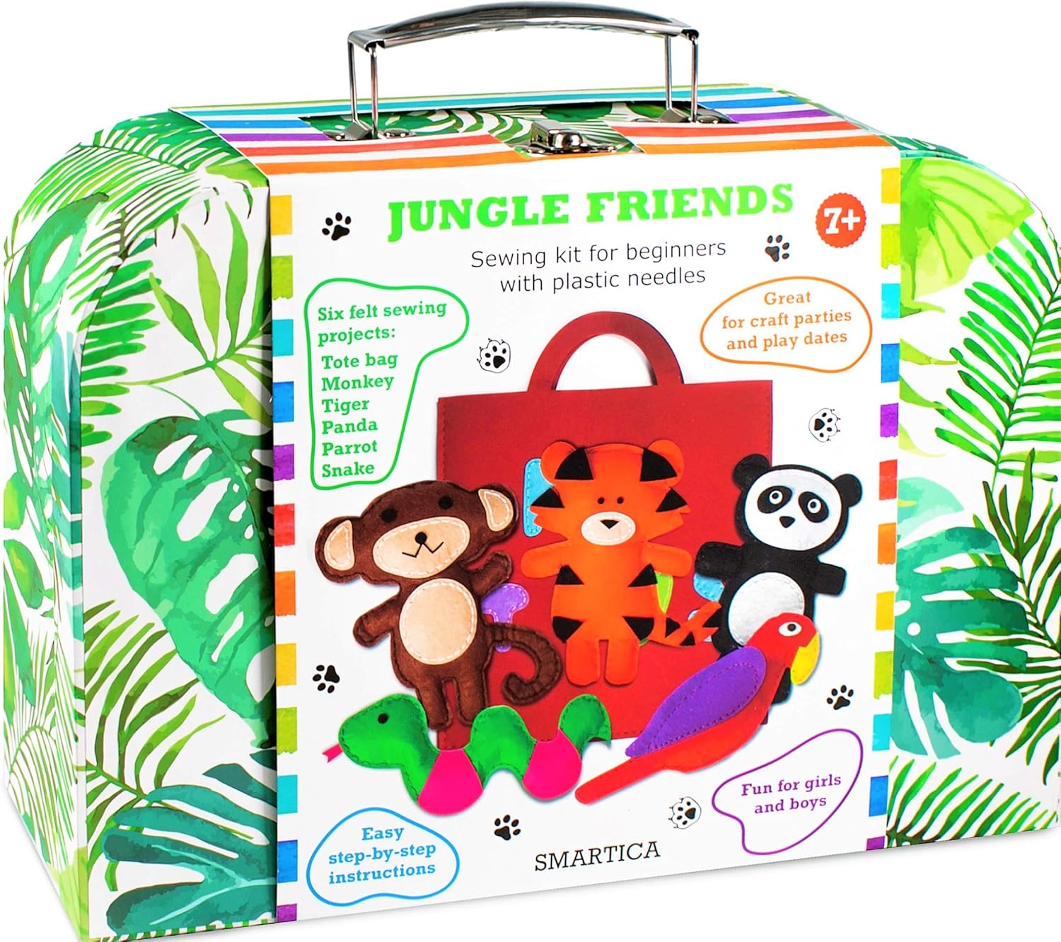 Gift Sewing Kit for Children – Present Craft kit for Kids Girl Boy 7 8 9 10 11 12 Year Old – Learn to Sew Set for Beginner – Educational Craft Box – 6 Cute Sewing Projects – Plastic Needles