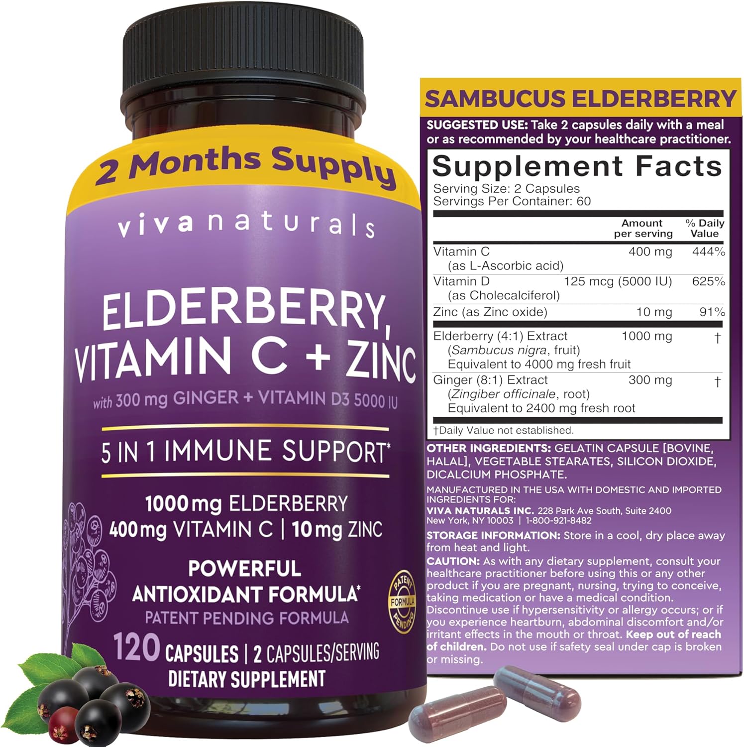 Viva Naturals Elderberry with Vitamin C and Zinc for Adults - 5 in 1 Sambucus Black Elderberry Capsules with Vitamin D3 5000 IU Immunity Supplement, Sambucus Elderberry Immune Support Supplement