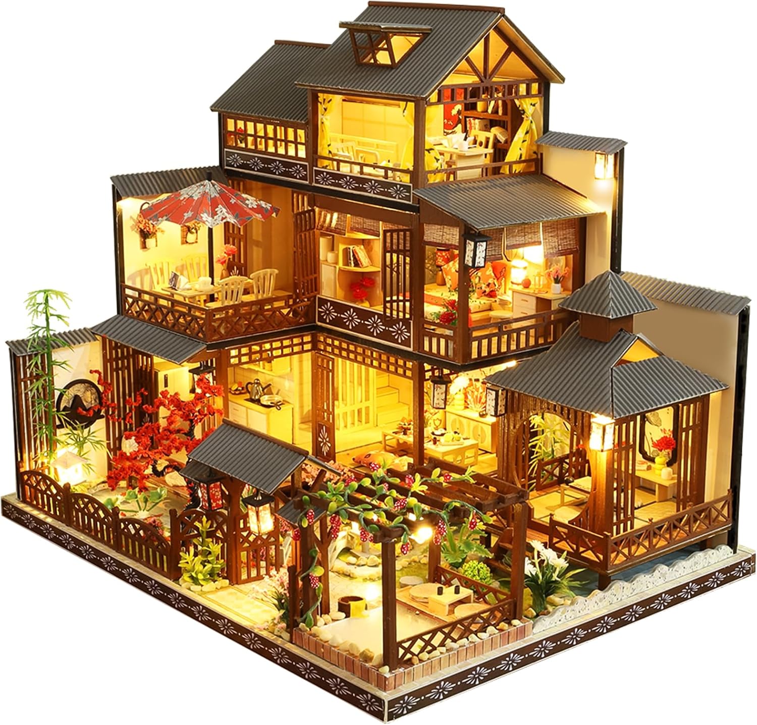 Spilay DIY Dollhouse Miniature with Wooden Furniture,DIY Dollhouse Kit Big Japanese Courtyard Model with LED & Music Box,1:24 Scale Creative Room Gift Idea for Adult Friend Lover (Yaquan Courtyard)