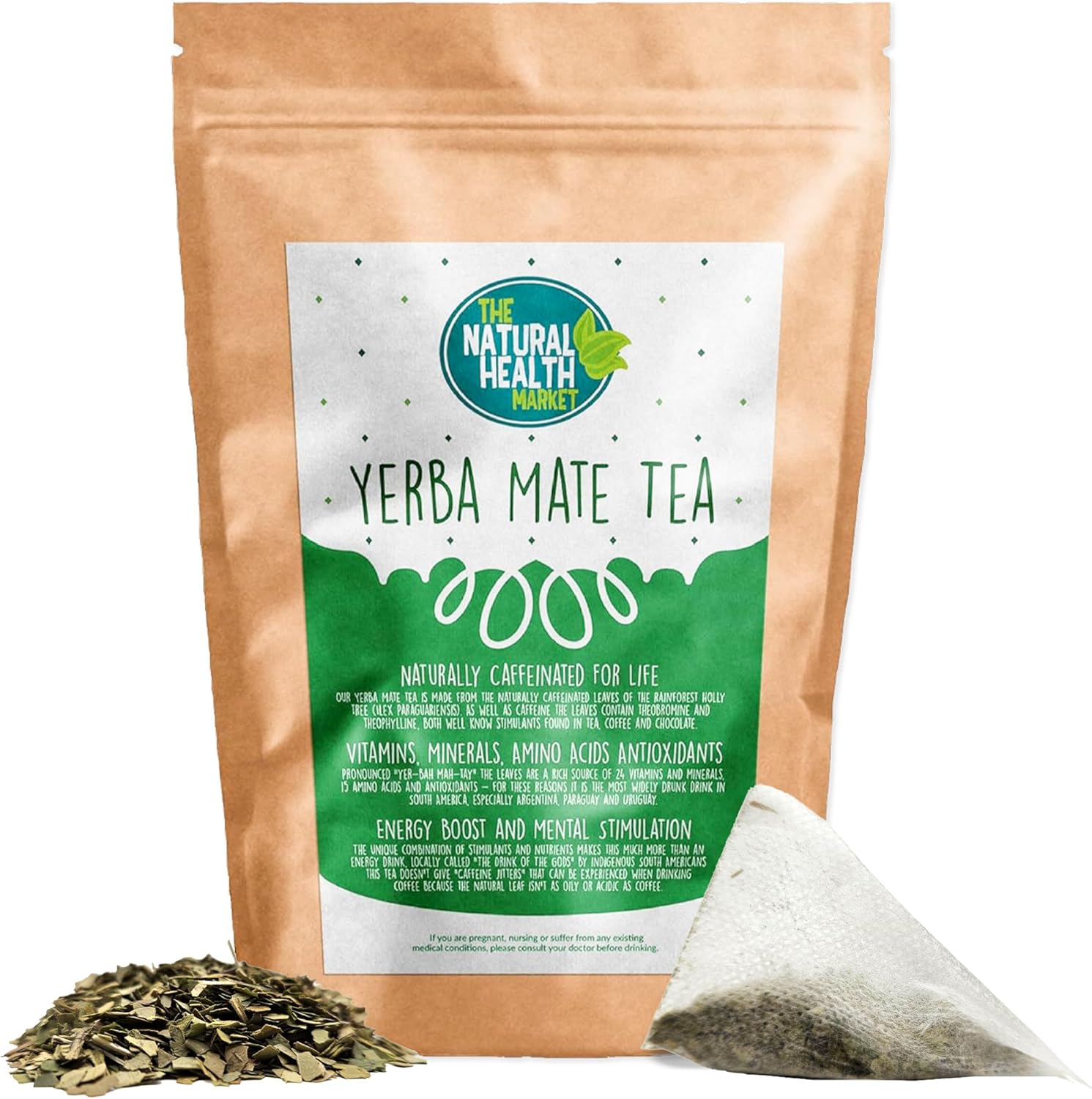 The Natural Health Market, Yerba Mate Tea Bags - 50 Count | Compostable Pyramid Bags | Unsmoked and Not Aged Yerba Mate Tea | Herbal Tea