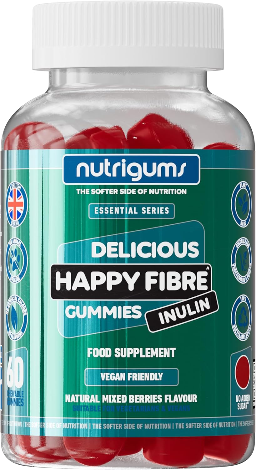 Happy Fibre (Inulin) Chicory Root Prebiotic Gummy | 3.8g Fibre | Mixed Berry Flavour | 60 Vegan Gummies | Gut Health and Digestive System Support by NUTRIGUMS®