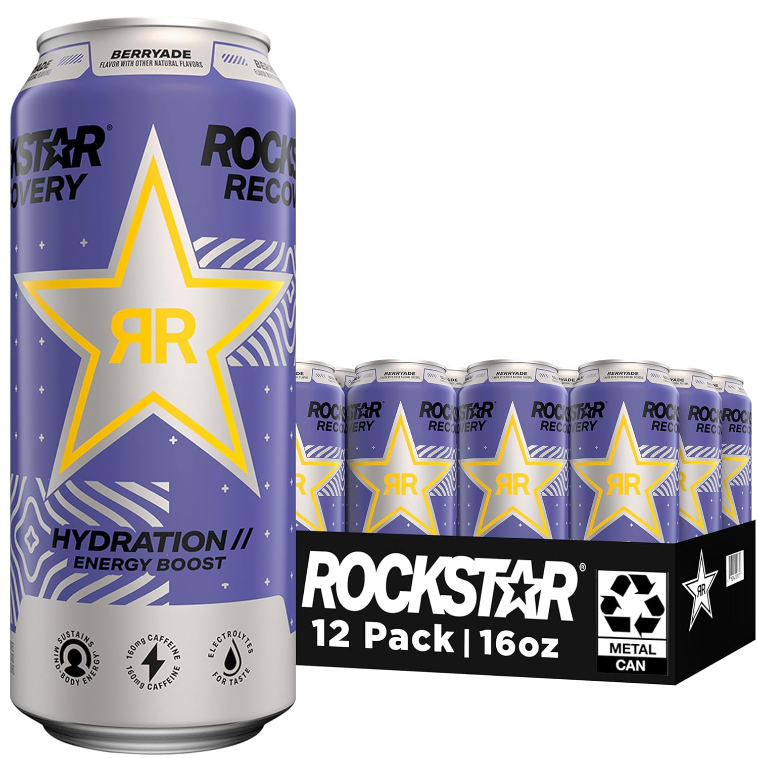 Rockstar Recovery Non-Carbonated Energy Drink, Berryade, 16 fl oz Cans, (12 Pack), Hydration // Mind-Body Energy,160mg Caffeine, B Vitamins, Electrolytes