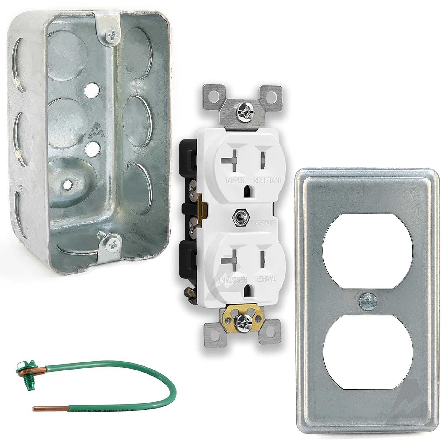Outlet Box Kit, 2x4'' Utility Electrical Box, Duplex Receptacle 2x4'' Cover, Tamper Resistant 20 Amp Duplex Receptacle Outlet, Green Pigtail Grounding Wire and Screw, Ten 1/2'' Knockouts