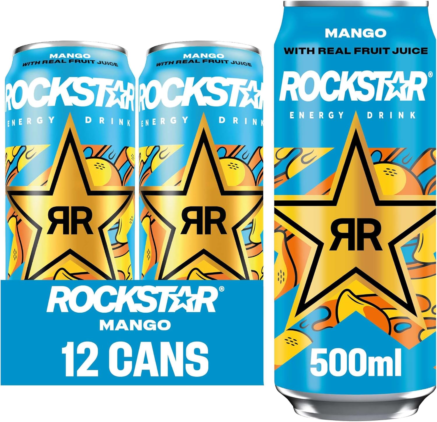 Rockstar Juiced Energy Drink - Mango - Non-Alcoholic - 160 mg Caffeine - Caffeinated Drink with Taurine, Guarana, Ginseng, & B-Vitamins - 12 x 500ml cans