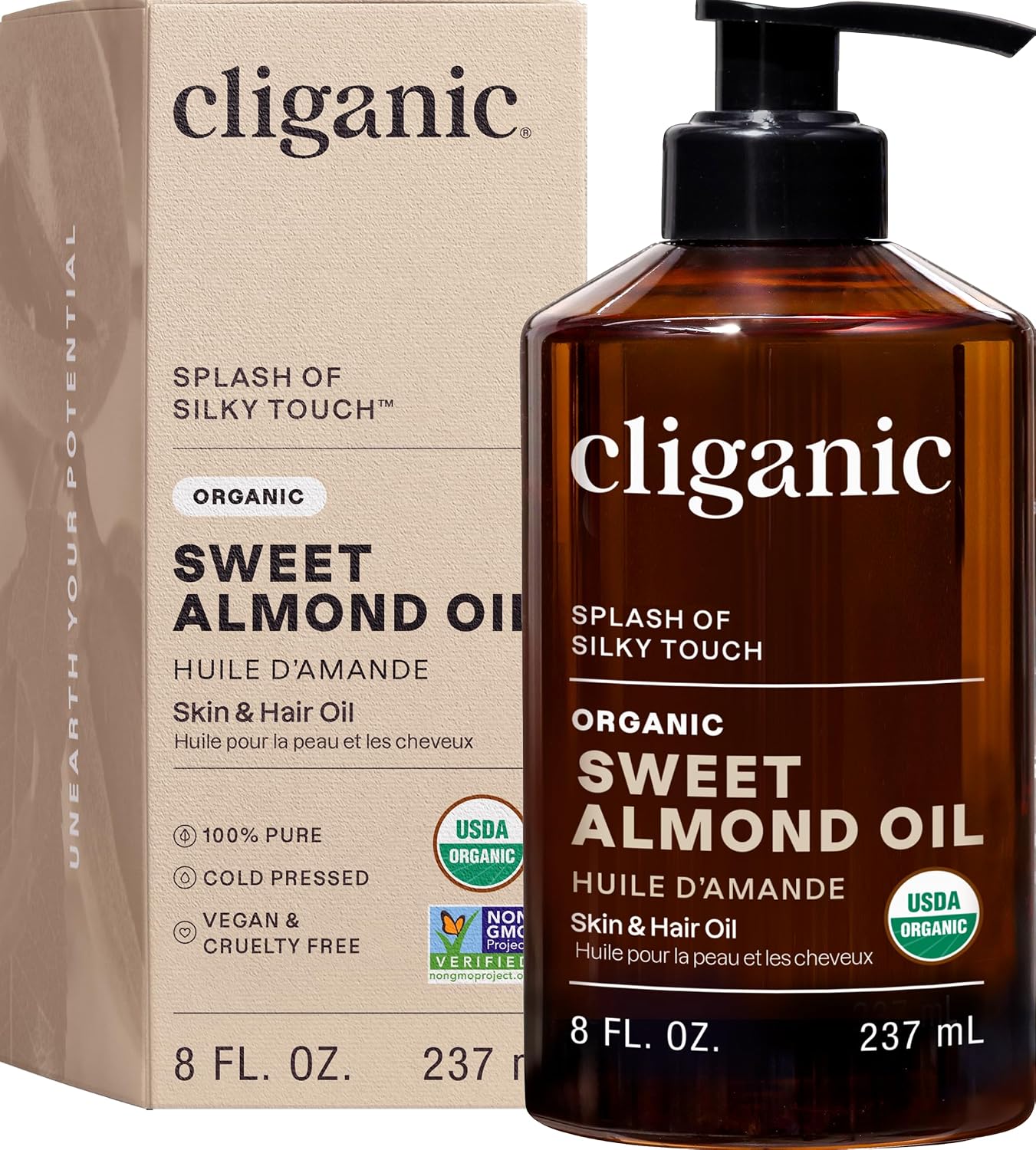 Cliganic Organic Sweet Almond Oil, 100% Pure (8oz) - for Skin & Hair, Nourishing Carrier Oil for Face & Body