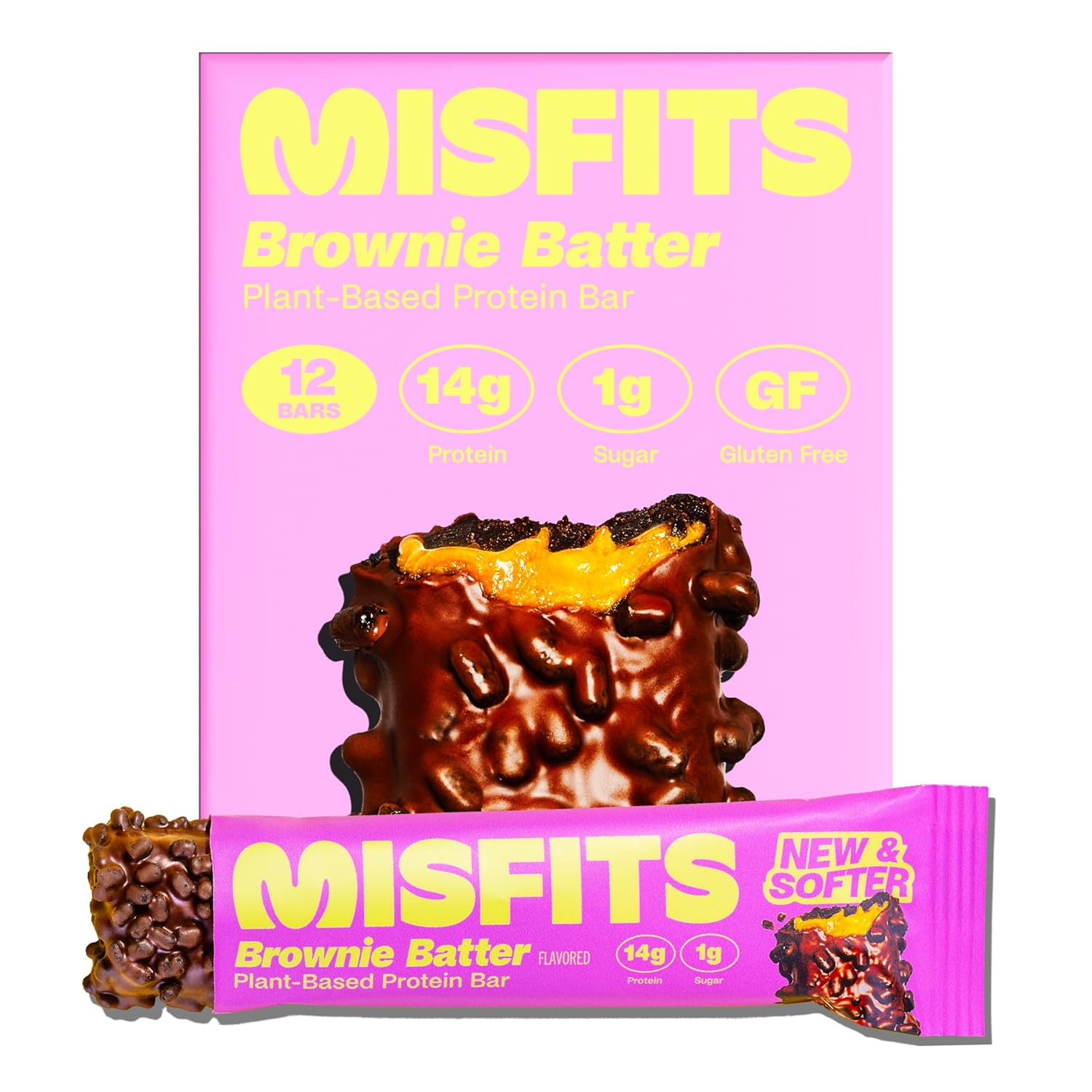 Misfits Vegan Protein Bars, Brownie Batter - Updated Recipe | Plant Based, Low Sugar & Carb, High Fiber Snacks | Pack of 12