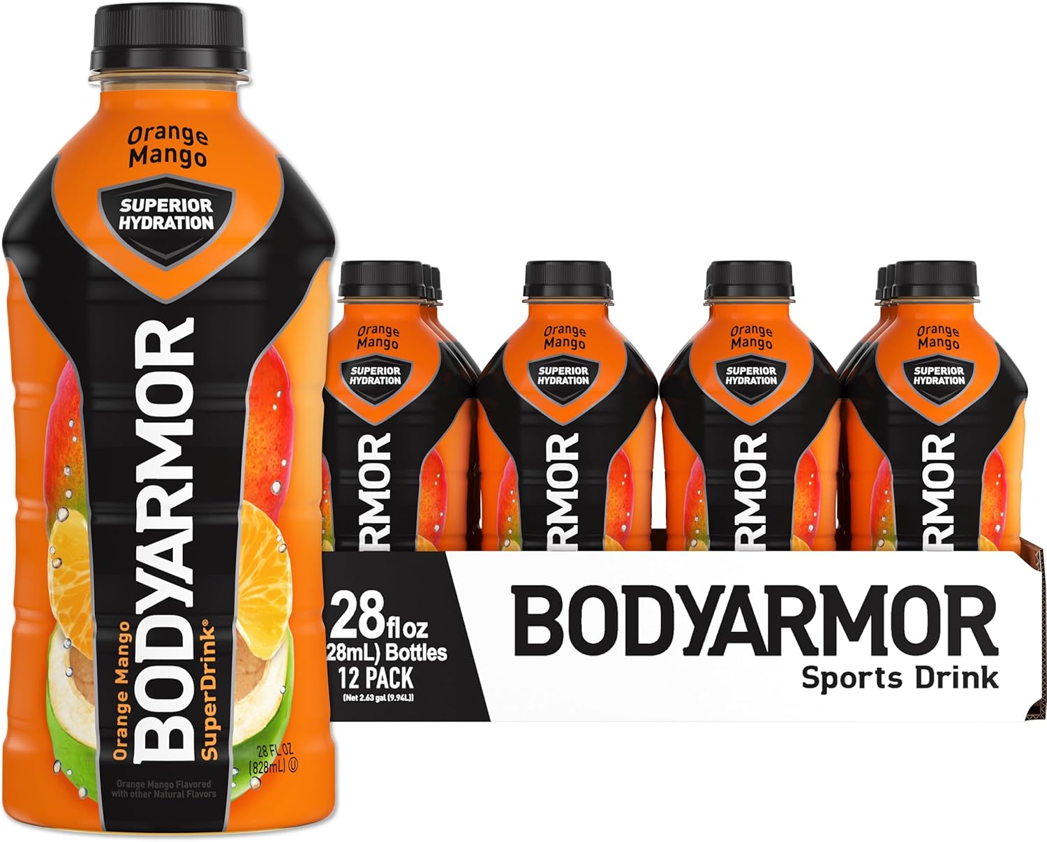 BODYARMOR Sports Drink Sports Beverage, Orange Mango, Coconut Water Hydration, Natural Flavors With Vitamins, Potassium-Packed Electrolytes, Perfect For Athletes, 28 Fl Oz (Pack of 12)