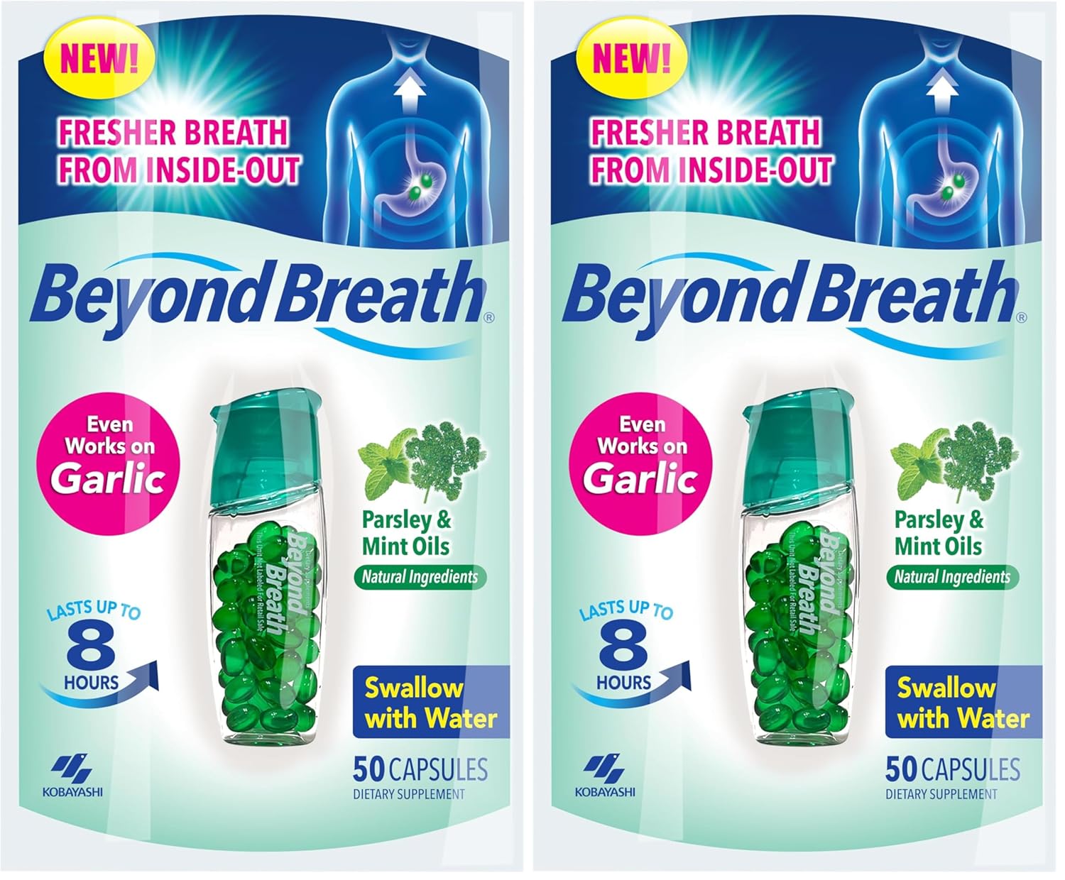 Breath Freshening Capsules, Fresher Breath From Inside-Out, Even Works On Bad Breath From Garlic, Lasts Up To 8 Hours, 50 Capsules (Pack of 2)