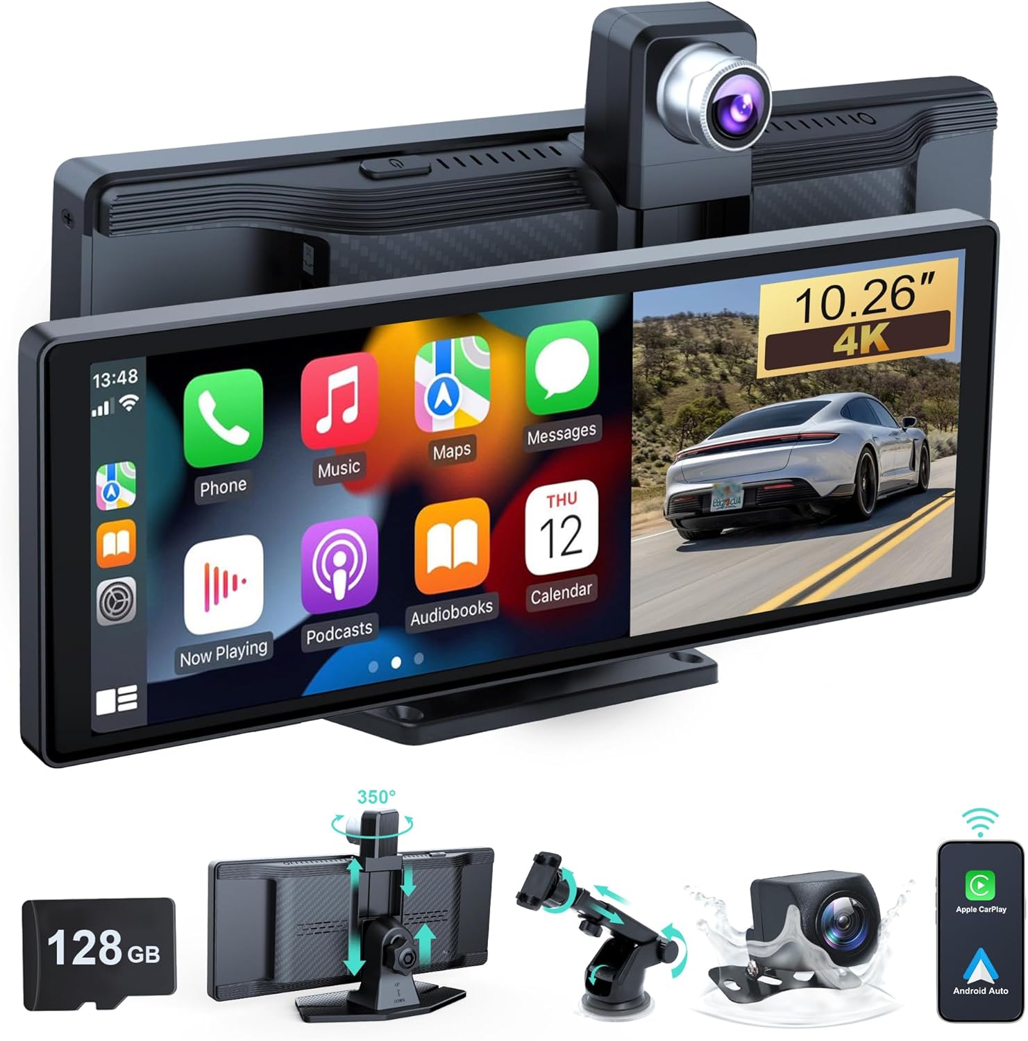 Wireless Car Stereo, 10.26 Inch Portable Car Audio,Carplay Screen with 4K Front + Rear 1080P Dual Camera Dash Cam，Wireless Car Play with Mirror Link/S-iri/AUX/128G TF