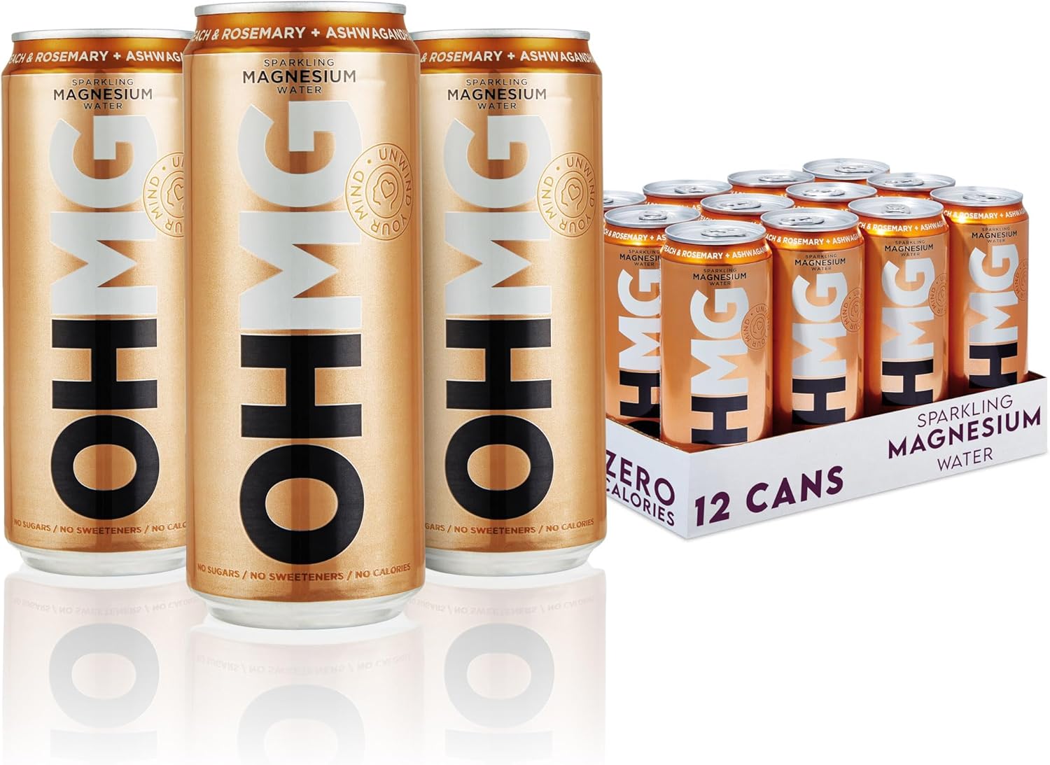 OHMG Sparkling Magnesium Water | 12 Cans x 330ml Flavoured Sparkling Water | Peach & Rosemary + Ashwagandha | Zero Calories, Sweeteners or Sugar | Health Drinks | Energy Drinks |100mg Magnesium