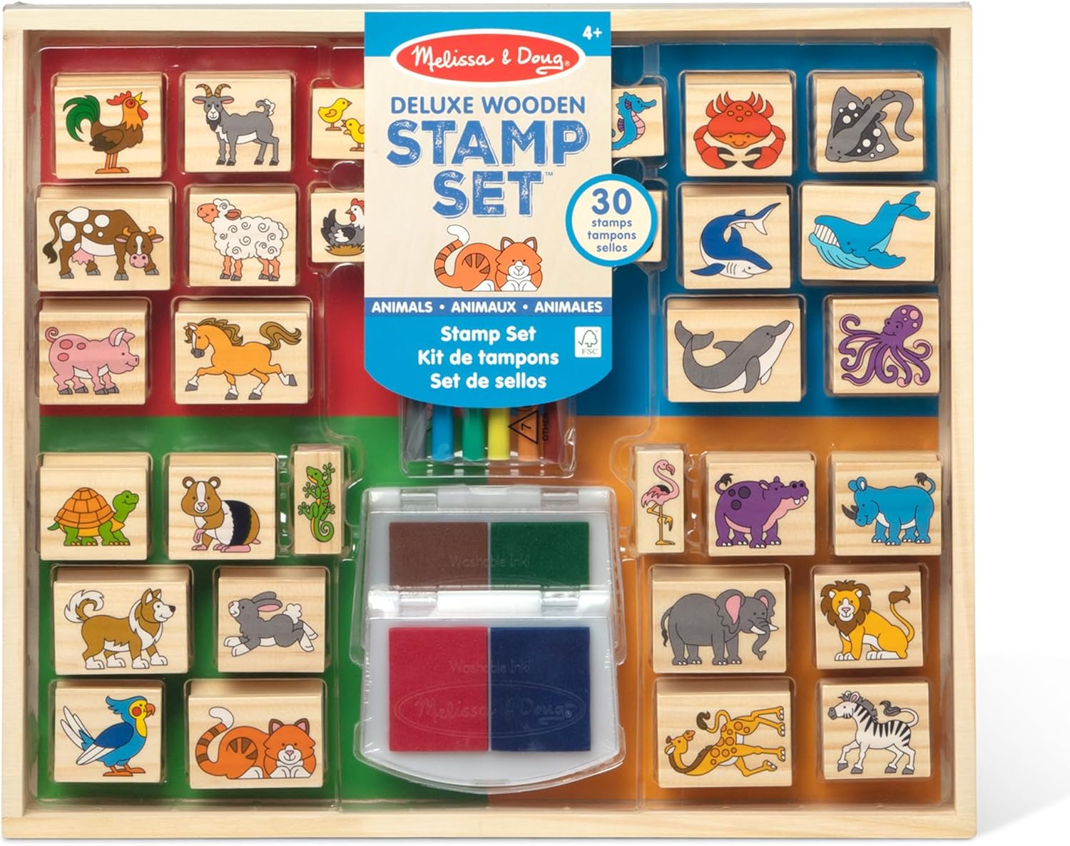 Melissa & Doug Deluxe Wooden Stamp Set: Animals - 30 Stamps, 6 Markers, 2 Stamp Pads Kids Art Projects, Wooden Stamps With Washable Ink, For Kids Ages 4+
