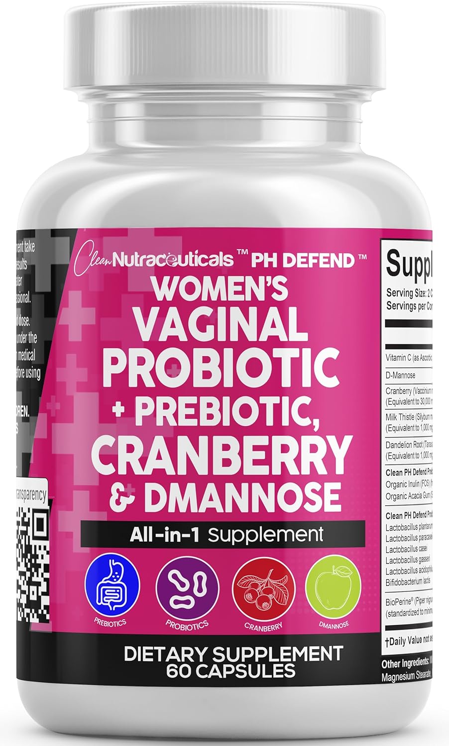 Clean Nutraceuticals Vaginal Probiotics for Women with Cranberry, D-Mannose, Prebiotics, pH Balance Support, Feminine Health, Urinary Tract Cleanse – Capsule Alternative to Gummies – 60 Count