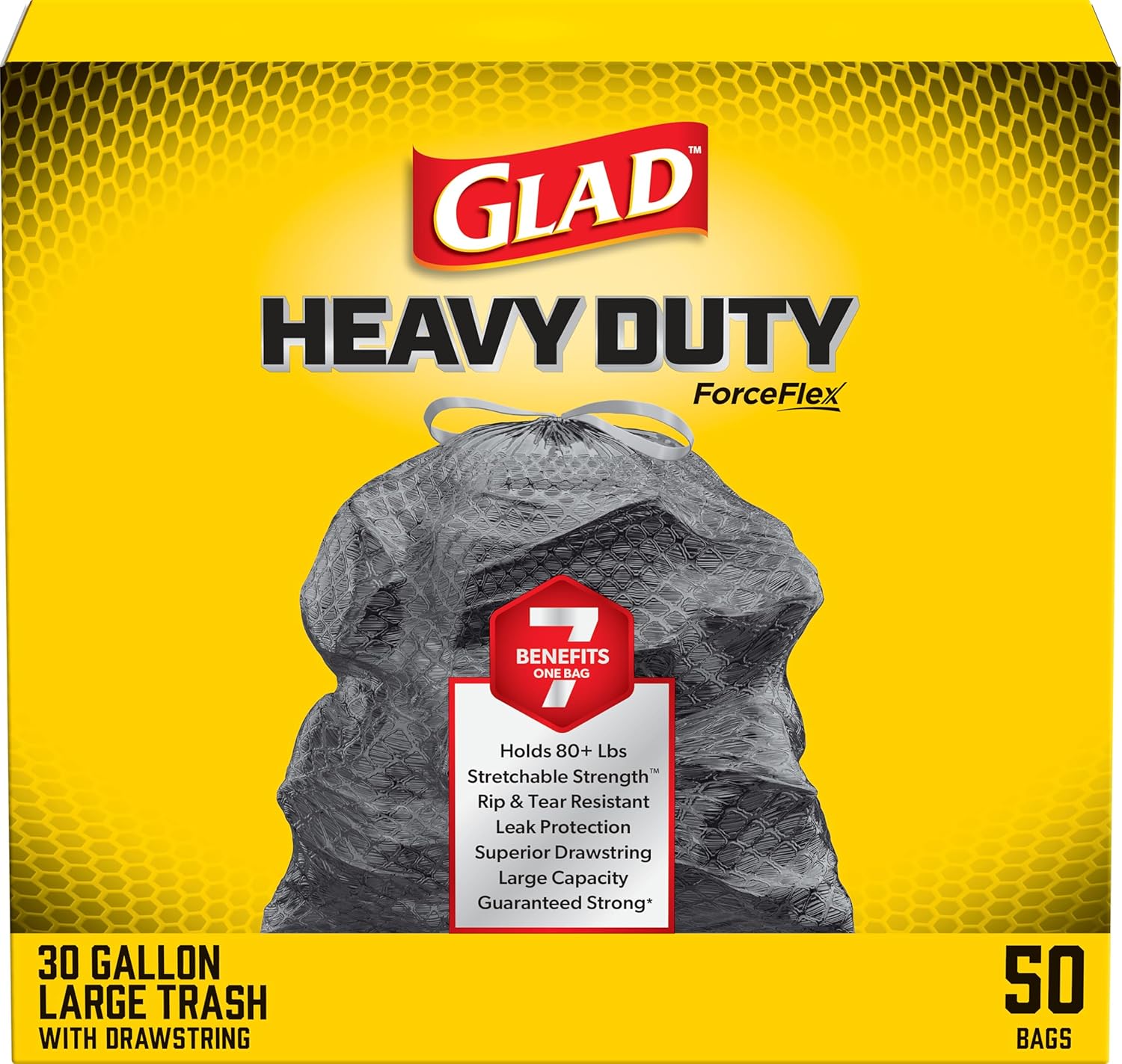 Glad ForceFlex Heavy Duty Large Drawstring Trash Bags, Hold 80+ lb, 30 Gal, 50 Ct (Package May Vary)