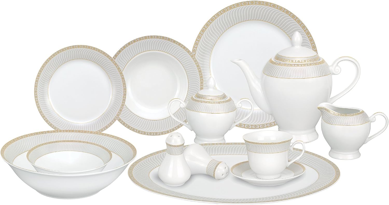 Lorren Home Trends 57-Piece Porcelain Dinnerware Set, Alina-GD, Service for 8