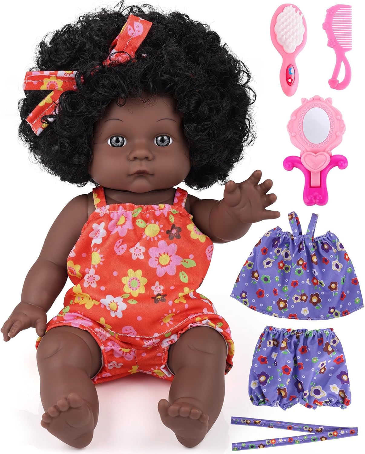 GAGAKU Black Baby Doll for 3 4 5 6 Years Old,12 inch Black Baby Dolls for Girls with Curly Hair, 2-Sets Doll Clothes,Small Baby Dolls for Toddlers Kids and Girls Holiday Birthday
