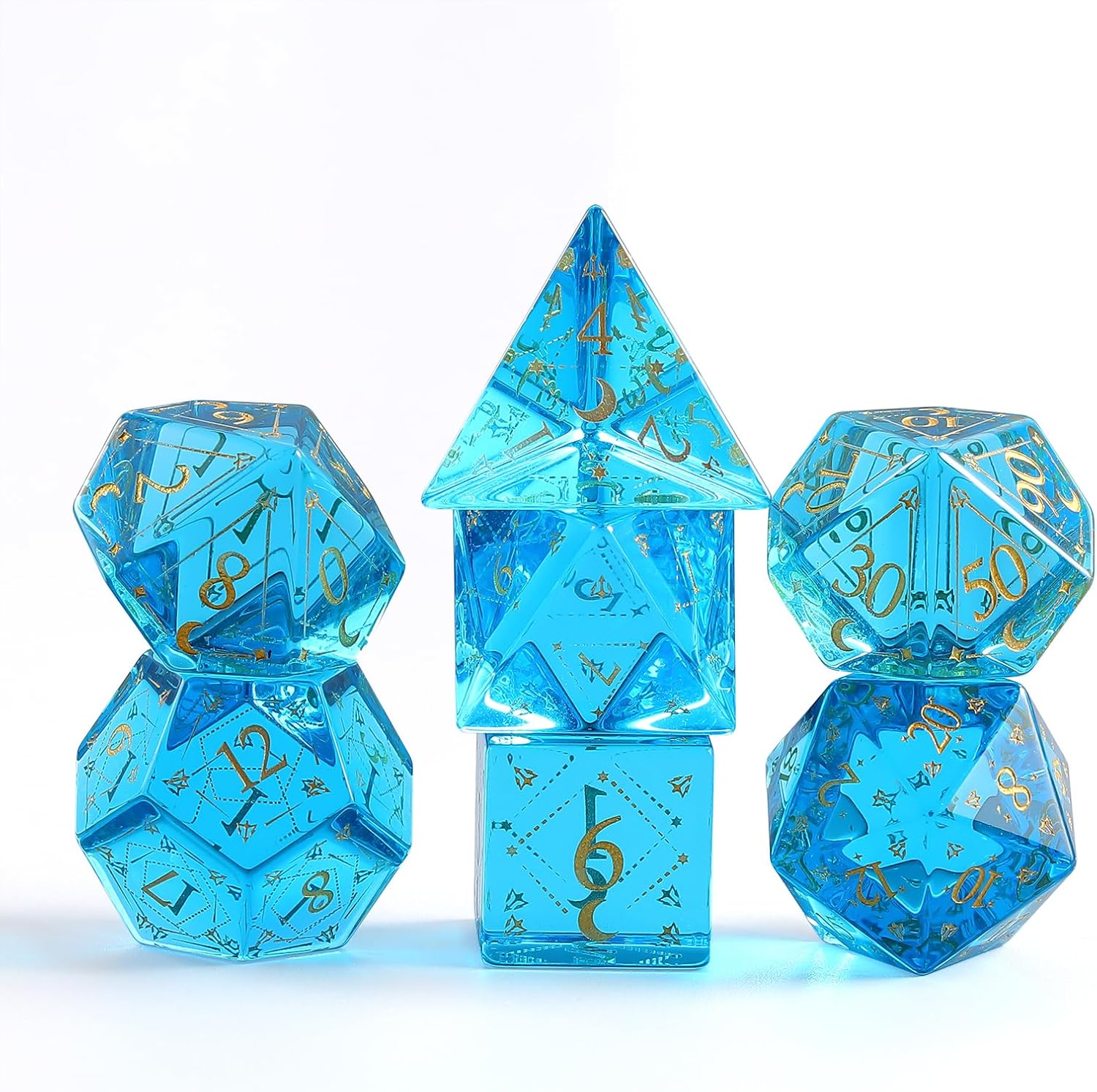 Crystal Sea Blue Glass Dice Set,7 Pcs Sea Blue Pattern Dice Set with Box Used for Dungeon and Dragon Dice Games D4 D6 D8 D10 D% D12 D20 (Glass, Blue)