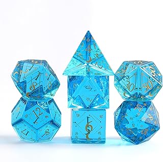 Crystal Sea Blue Glass Dice Set,7 Pcs Sea Blue Pattern Dice Set with Box Used for Dungeon and Dragon Dice Games D4 D6 D8 D10 D% D12 D20 (Glass, Blue)