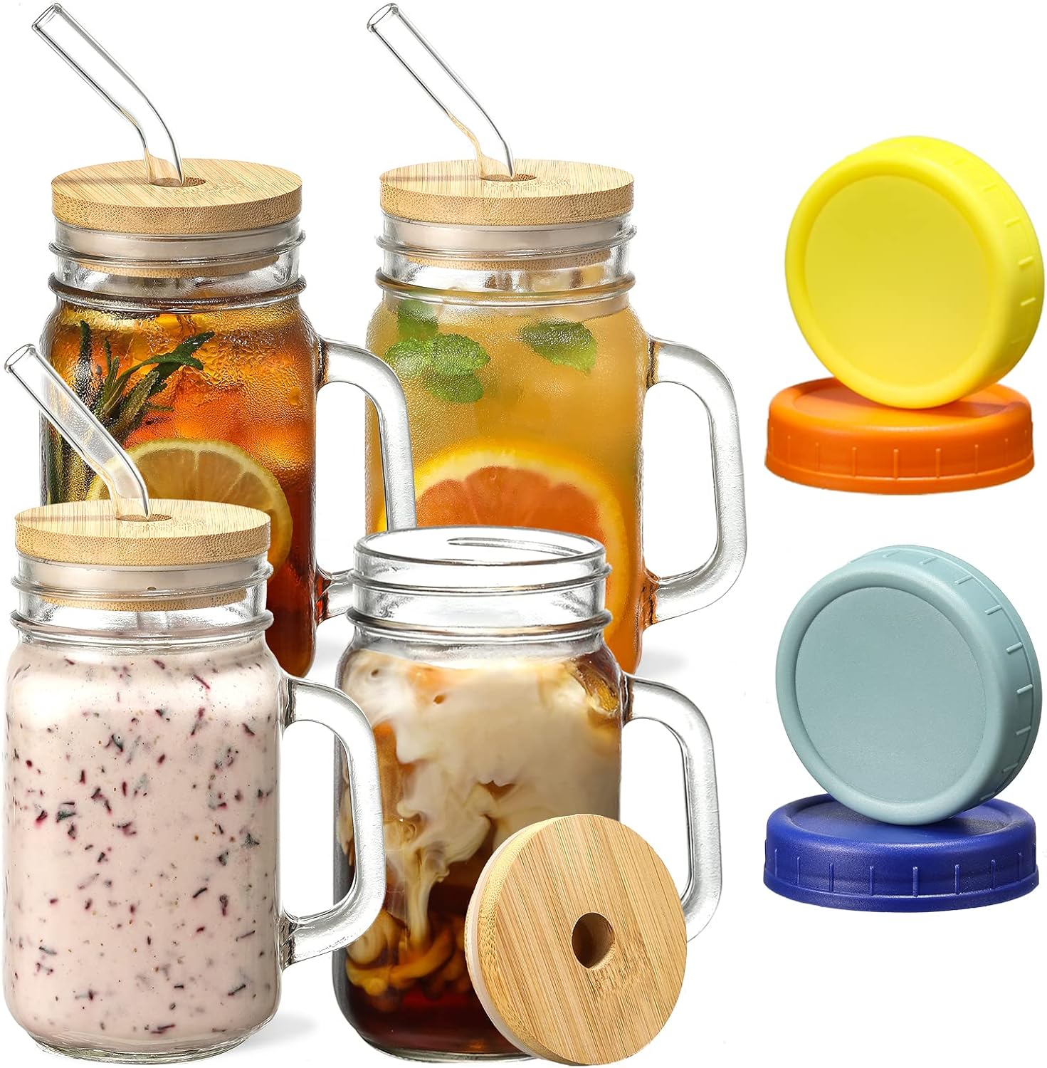 Mason Jars with Handle, Glass Mugs with Straws and Bamboo Lids & Colorful Airtight Lids 4pcs Set, 16oz Drinking Glass Cups, Travel Tumbler for Iced Coffee, Smoothie, Overnight Oats Containers