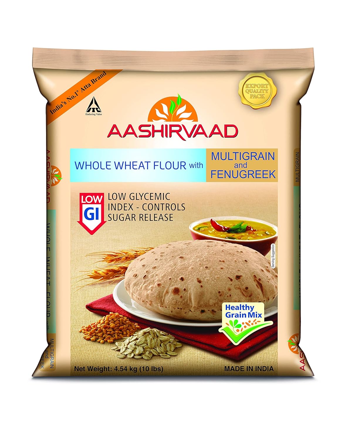 Aashirvaad Low Glycemic Index Whole Wheat Flour with Multigrain & Fenugreek - 10 Lbss/4.54 Kg