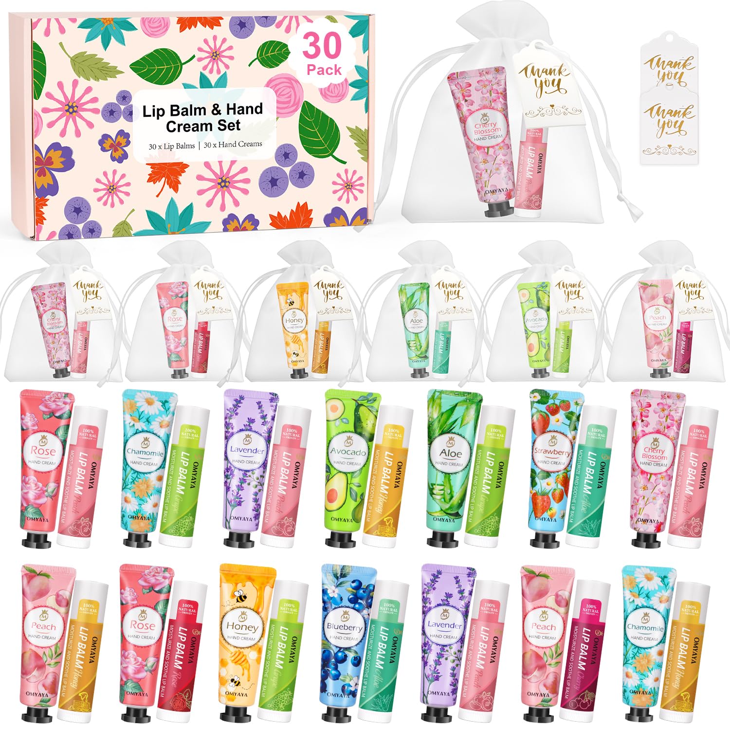 Bulk Gifts, 30 Set Lip Balm Bulk and Hand Cream Gift Set With Organza Bag Thank You Card,Thank You Gifts,Bridal Wedding Favors & Baby Shower Wedding Gifts For Guests, Christmas Gift Stocking Stuffers