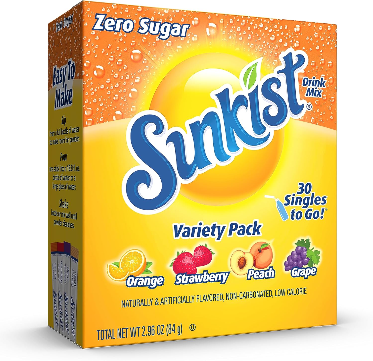Sunkist Soda Variety Pack, Singles To Go Orange, Strawberry, Grape and Peach (30 Total Sticks)