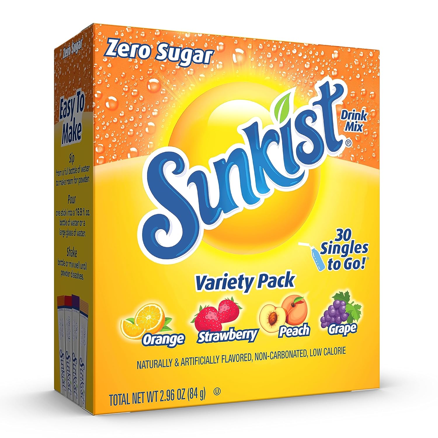 Sunkist Soda Variety Pack, Singles To Go Orange, Strawberry, Grape and Peach (30 Total Sticks)