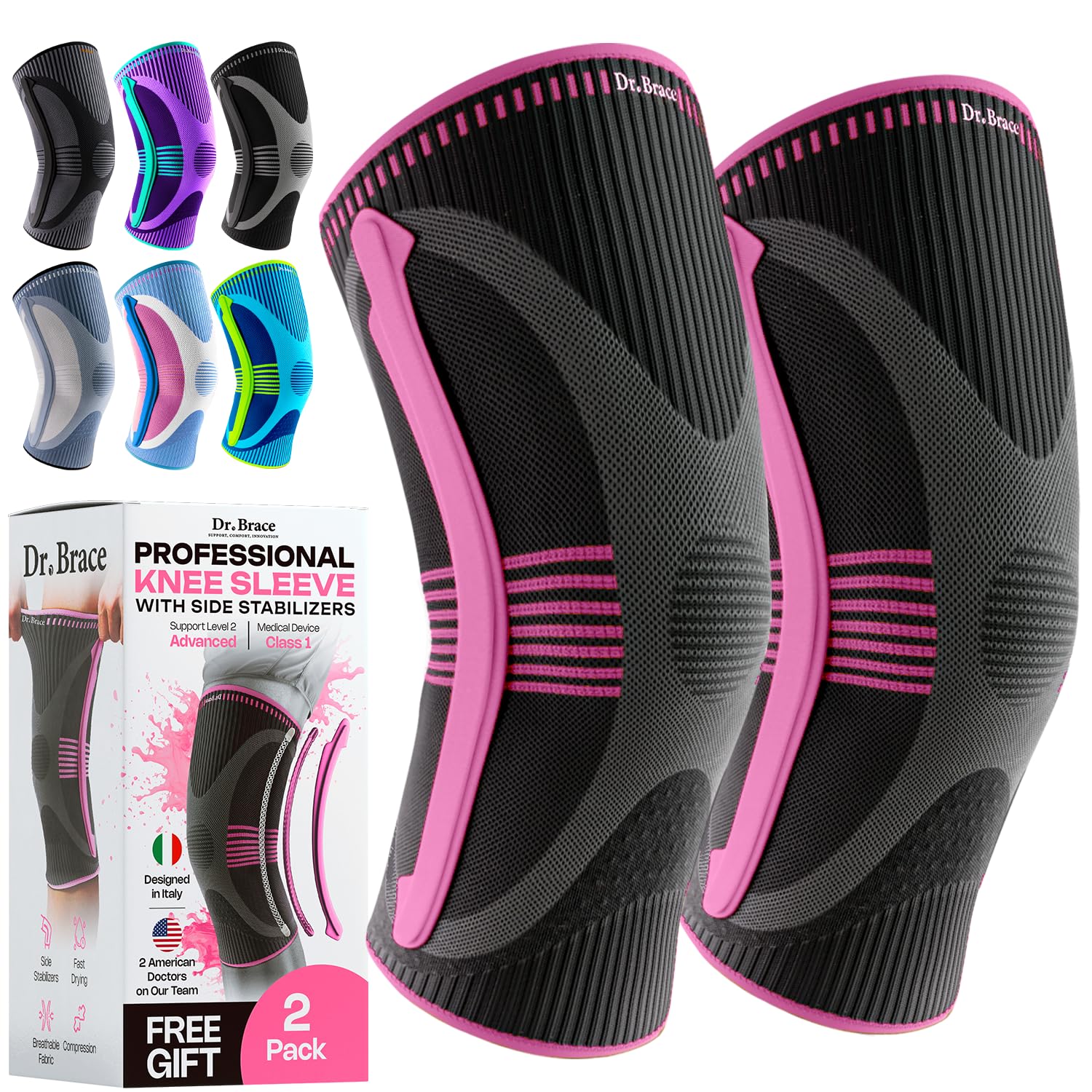 DR. BRACE ELITE Knee Brace with Size Stabilizer {2 Pack} Knee Brace for Women & Men, Workout, Sports, Daily Knee Compression Sleeve for Maximum Knee Pain Support & Fast Recovery - Check Size Guide Video (Orion's, Small)