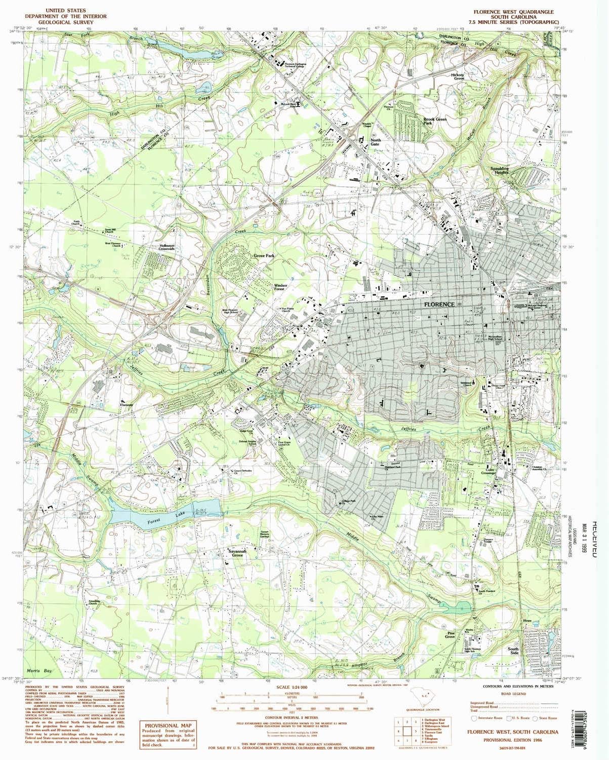 Florence West SC topo map, 1:24000 Scale, 7.5 X 7.5 Minute, Historical, 1986, Updated 1987, 26.7 x 22 in