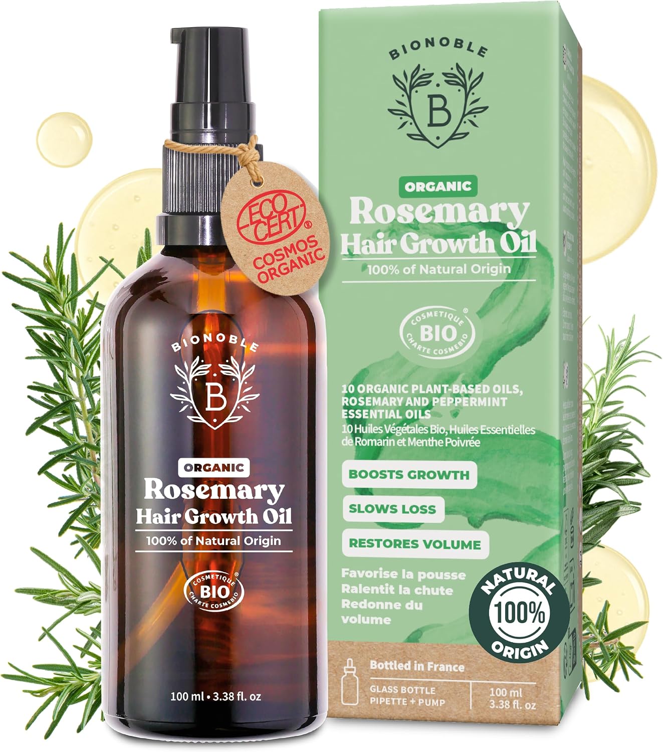 BIONOBLE Organic Rosemary Oil for Hair Growth - Hair Loss, Volume - 100ml