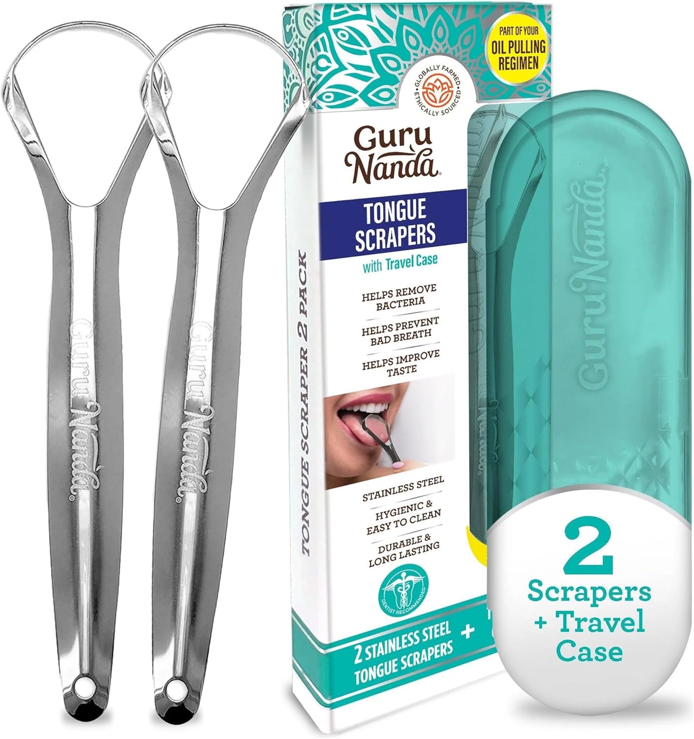 GuruNanda Tongue Scraper for Adults (2 Pack) with Travel Case, 420 Medical-Grade 100% Stainless Steel Tongue Cleaner, Aids in Fresh Breath & Oral Care
