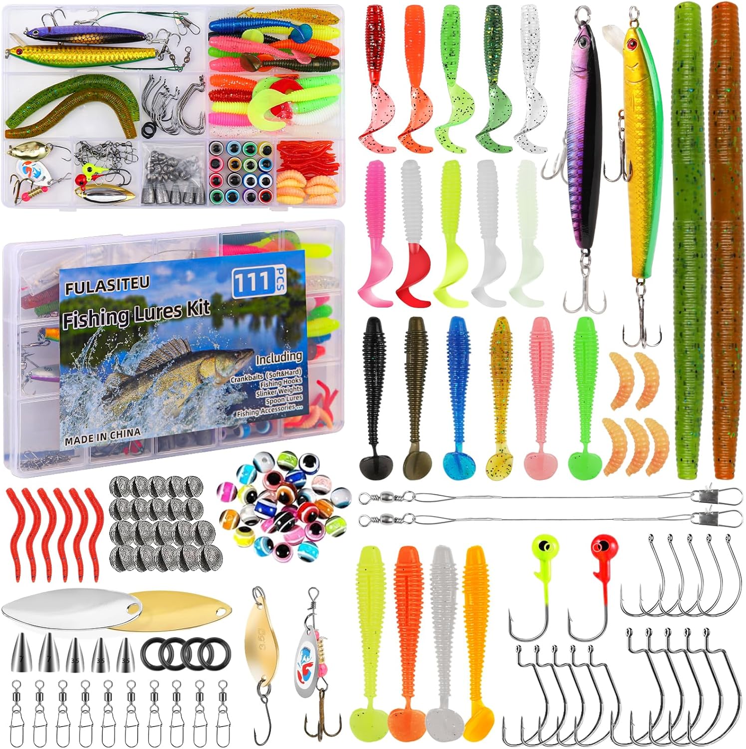 WIURGOHA 111PCS Fishing Lures Kit with Tackle Box for Bass, Trout, Salmon & More, Freshwater Bait Tackle Kit Included, Crankbaits, Spoon Hooks & Accessories, Men's Fishing Lure Gear Set Gifts