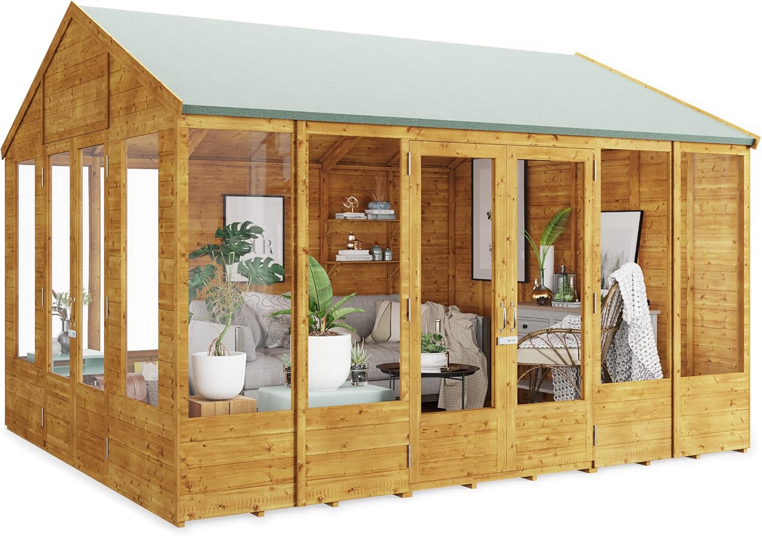 BillyOh Tessa 12x10 Log Cabin Summer House Shed – Spray Treated Wooden Garden Room with Dual Entrance, Wide Double Doors, Tongue and Groove Construction | Versatile Tiny Home for Garden Office