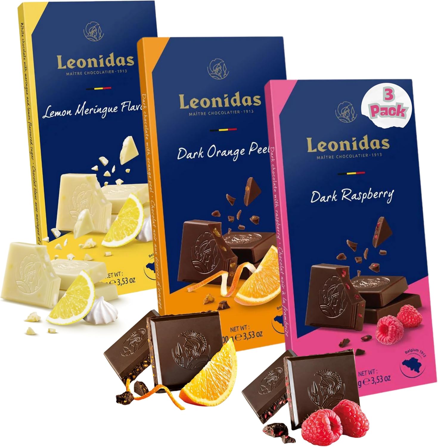 Leonidas 3 Fruit Flavour Chocolate Tablet Set – White Lemon Meringue, Dark Raspberry, Dark Orange – Premium Belgian Chocolate with Unique Fruit-Infused Flavours – Perfect for Snacking (100g Each)