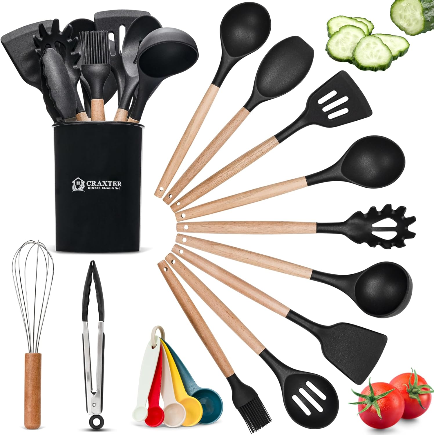 Kitchen Utensils Set – 17 Pcs Silicone Cooking Utensils Set with Wooden Handles Heat Resistant, Non-Toxic Non-Stick Spatula Set with Measuring Spoons Black