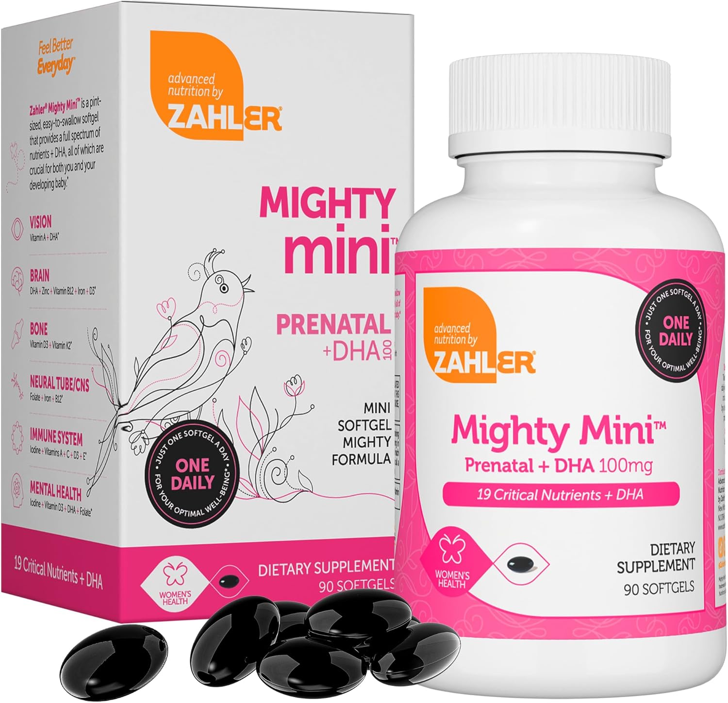 Zahler Mighty Mini Prenatal Vitamin with DHA & Folate - Certified Kosher - All Natural Prenatal Vitamins - Multivitamin for Pregnant Women - 19 Prenatal Vitamins Including Folic Acid (90 Softgels)