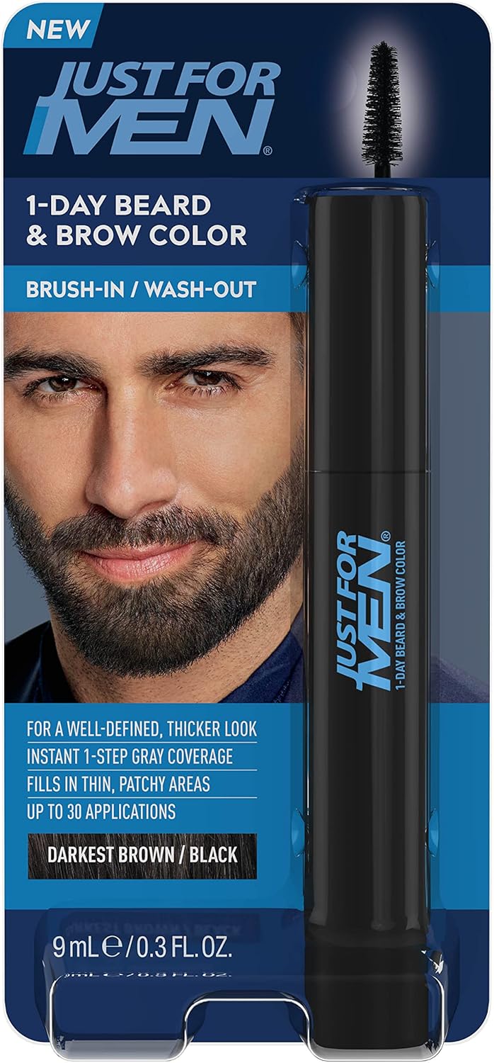 Just For Men 1-Day Beard and Brow Colour Brush, For Instant 1-Step Grey Coverage, Brush-In, Wash-Out, For A Thicker Well-Defined Look, Darkest Brown/Black